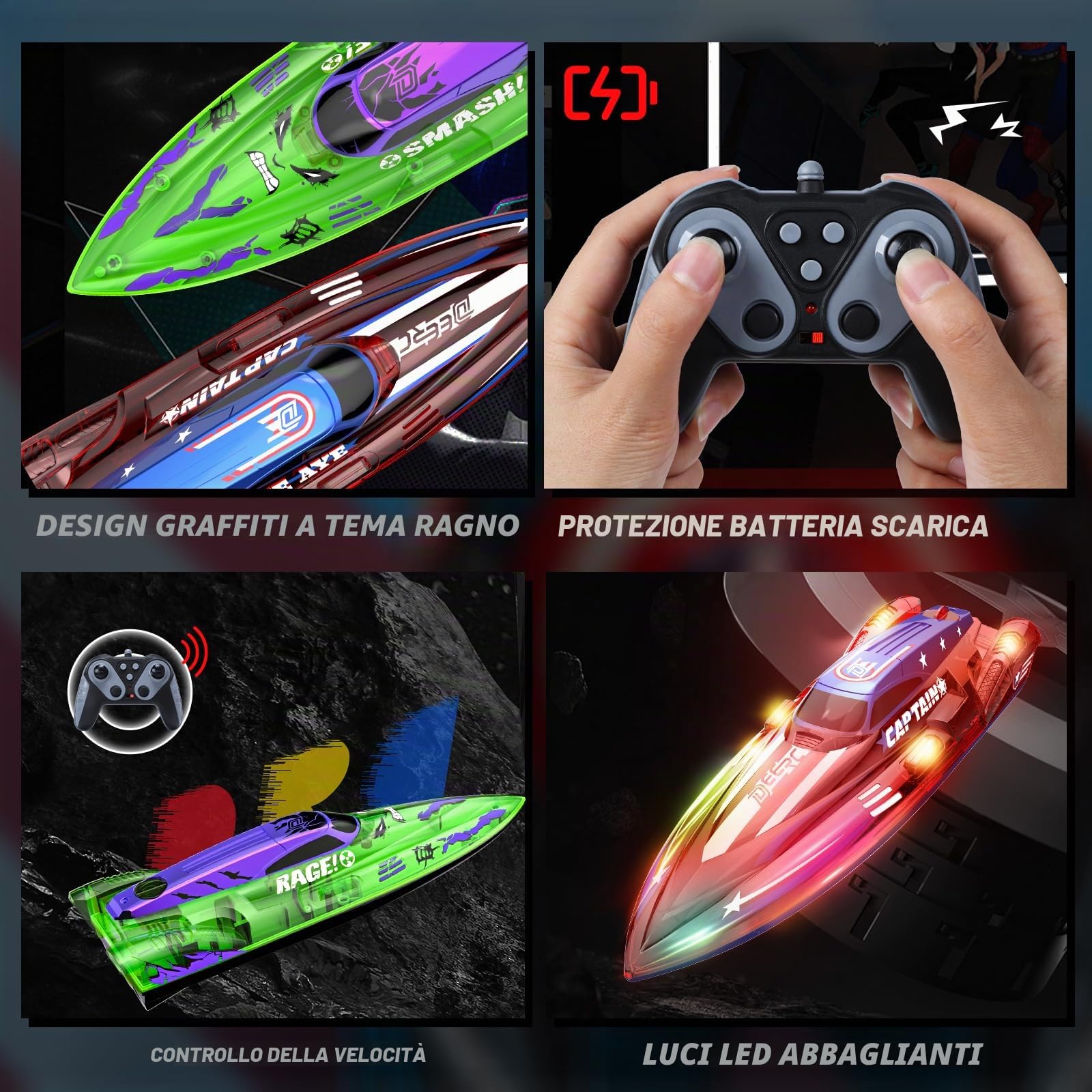 DEERC 2 Pack 13 pollici Barca telecomandata per bambini, 4 batterie, 2.4Ghz RC Barca da corsa con luci LED per piscine e laghi, regalo di giocattolo estivo per ragazzi 8-12