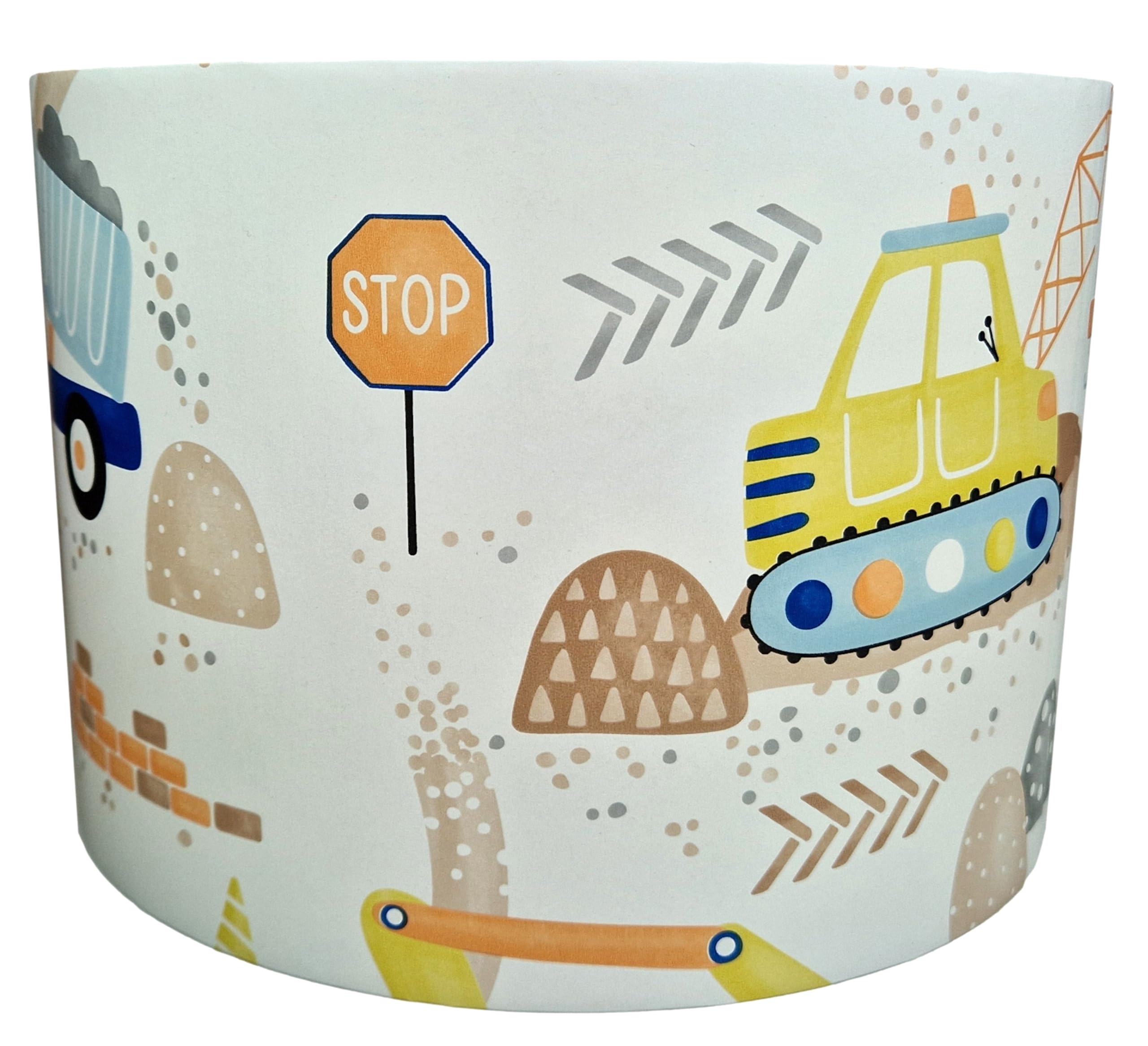 Lampshade Kings White Digger And Truck Lampshade For Ceiling Or Table Lamp, Kids Construction Drum Light Shade