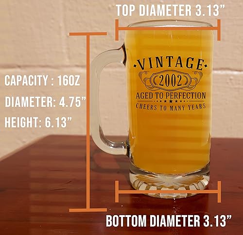 Miniatura 5 de Spotted Dog Company Taza de cerveza de vidrio con estampado vintage 2002 de 16 onzas añejada a la perfección regalos de cumpleaños 21 para él y