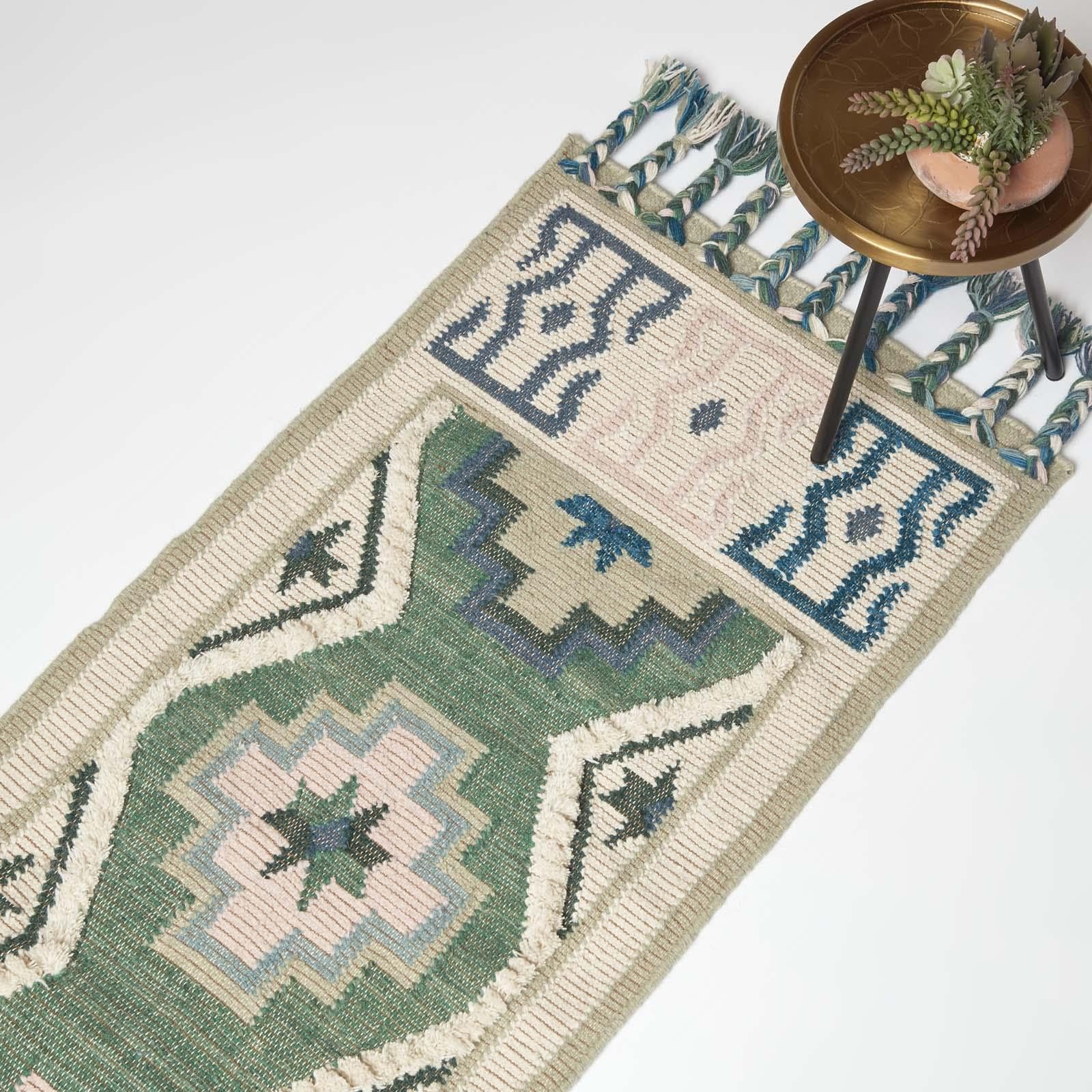 HOMESCAPES Tapis de Couloir Kilim en Laine Matala, Tapis Long 66x200 cm, Tapis Vert et Bleu Artisanal