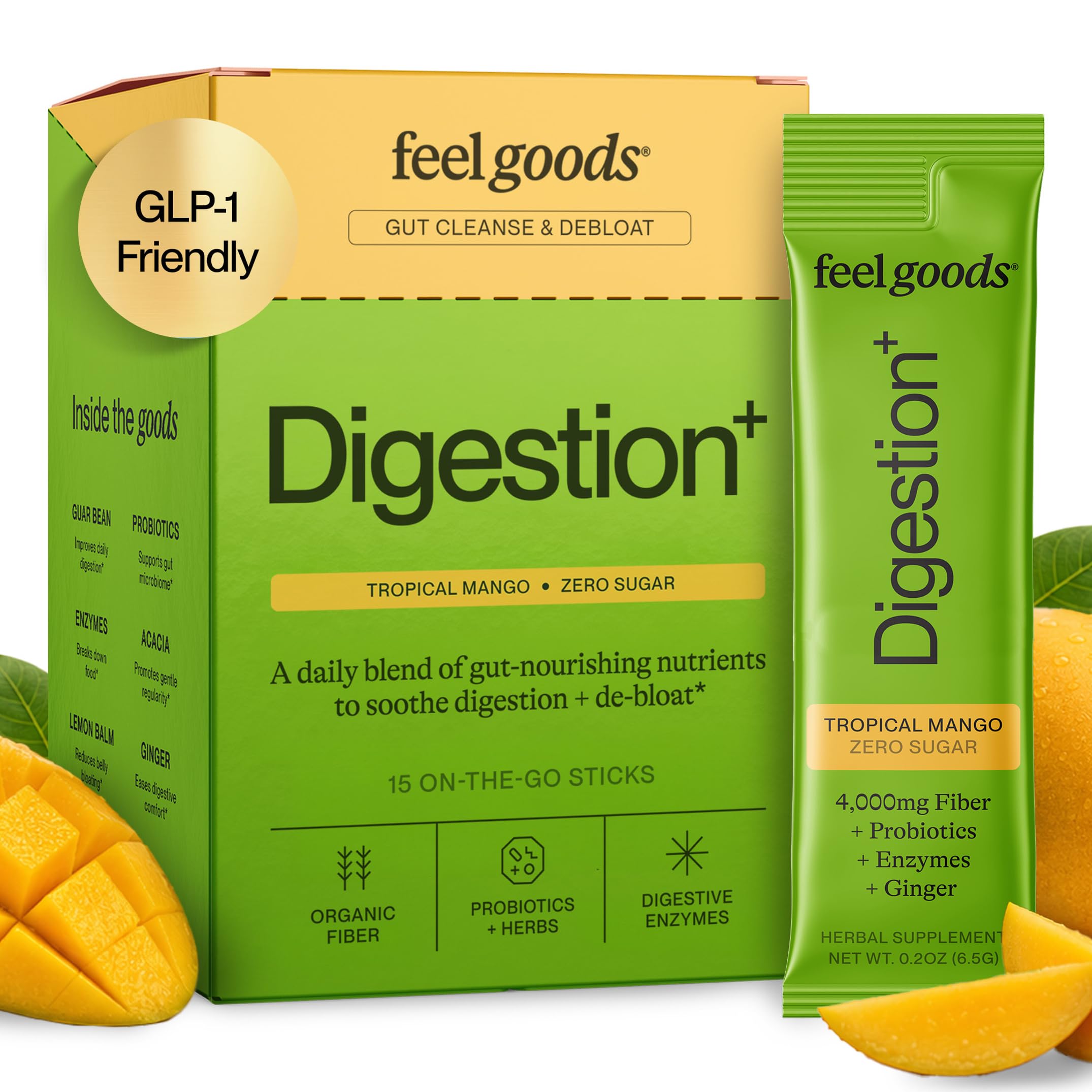Feel Goods Digestion+ Suplemento de Fibra e Probióticos em Pó 4.000 mg, 15 sachês sabor manga