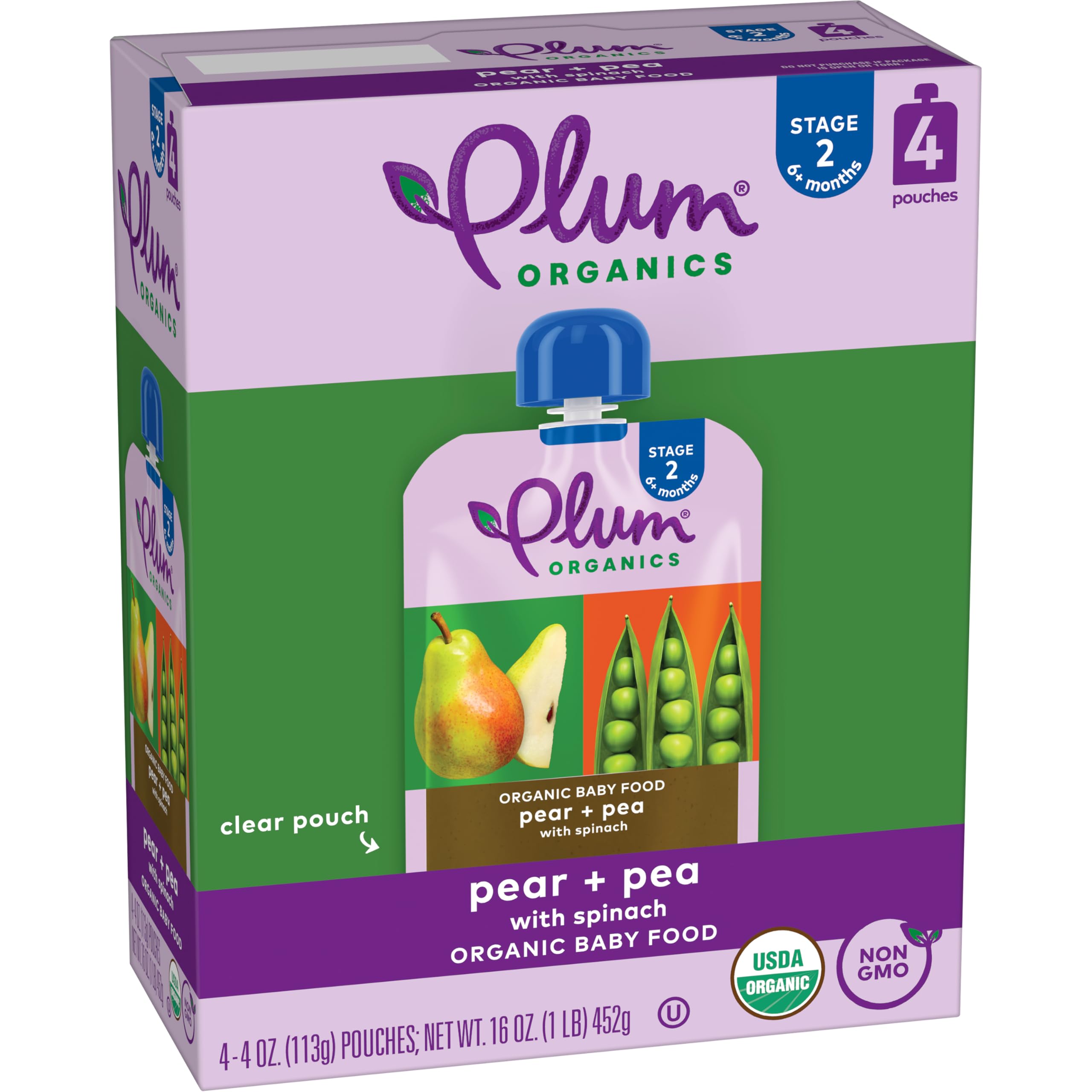 Plum Organics Stage 2 Organic Baby Food - Pear + Pea with Spinach - 4 oz Pouch (Pack of 4) - Organic Fruit and Vegetable Baby Food Pouch
