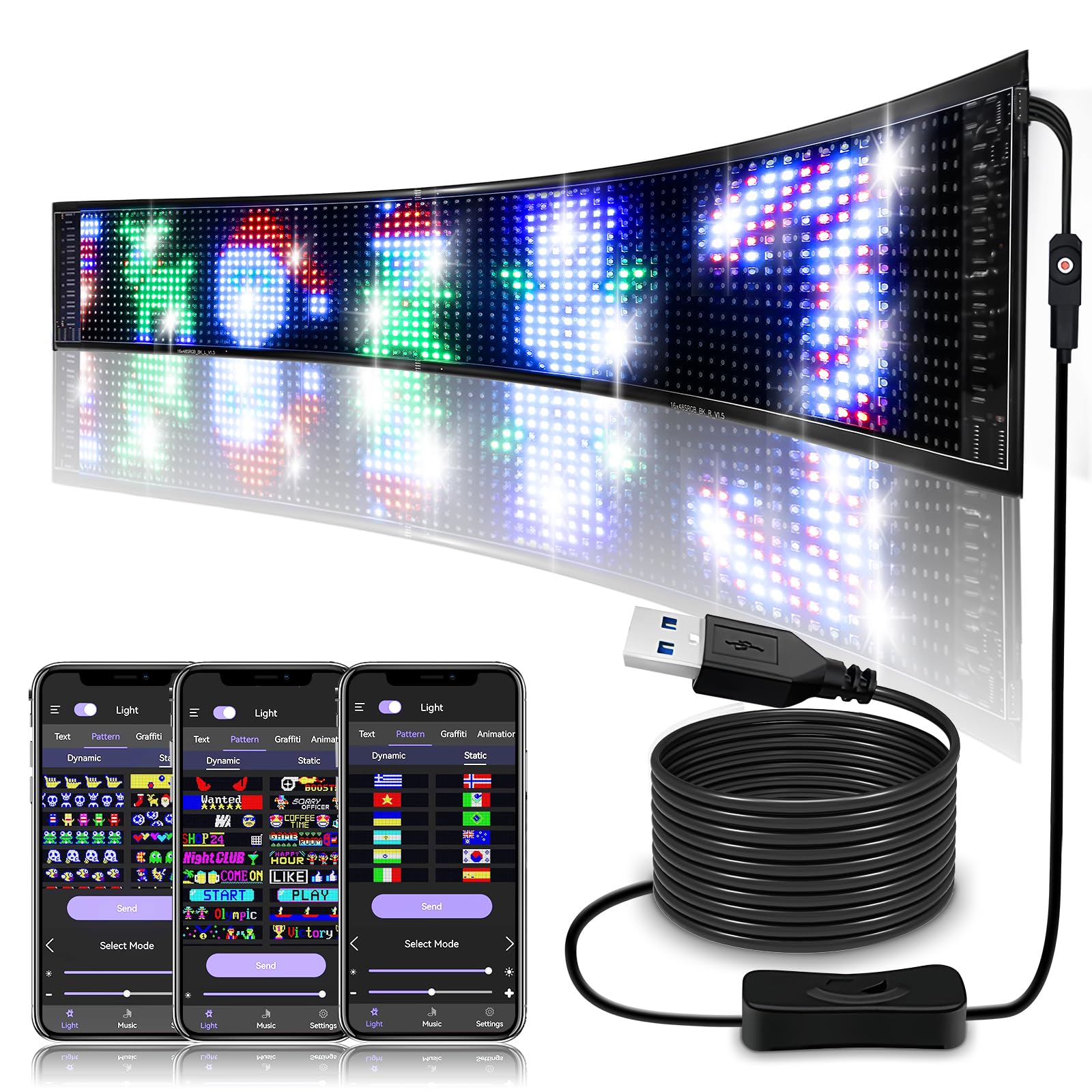 Pizarra LED programable USB 5V App Control de texto ajustable Animación Graffiti Super Luminoso Cartel Publicidad para Car Store Hotel (59x12 cm)