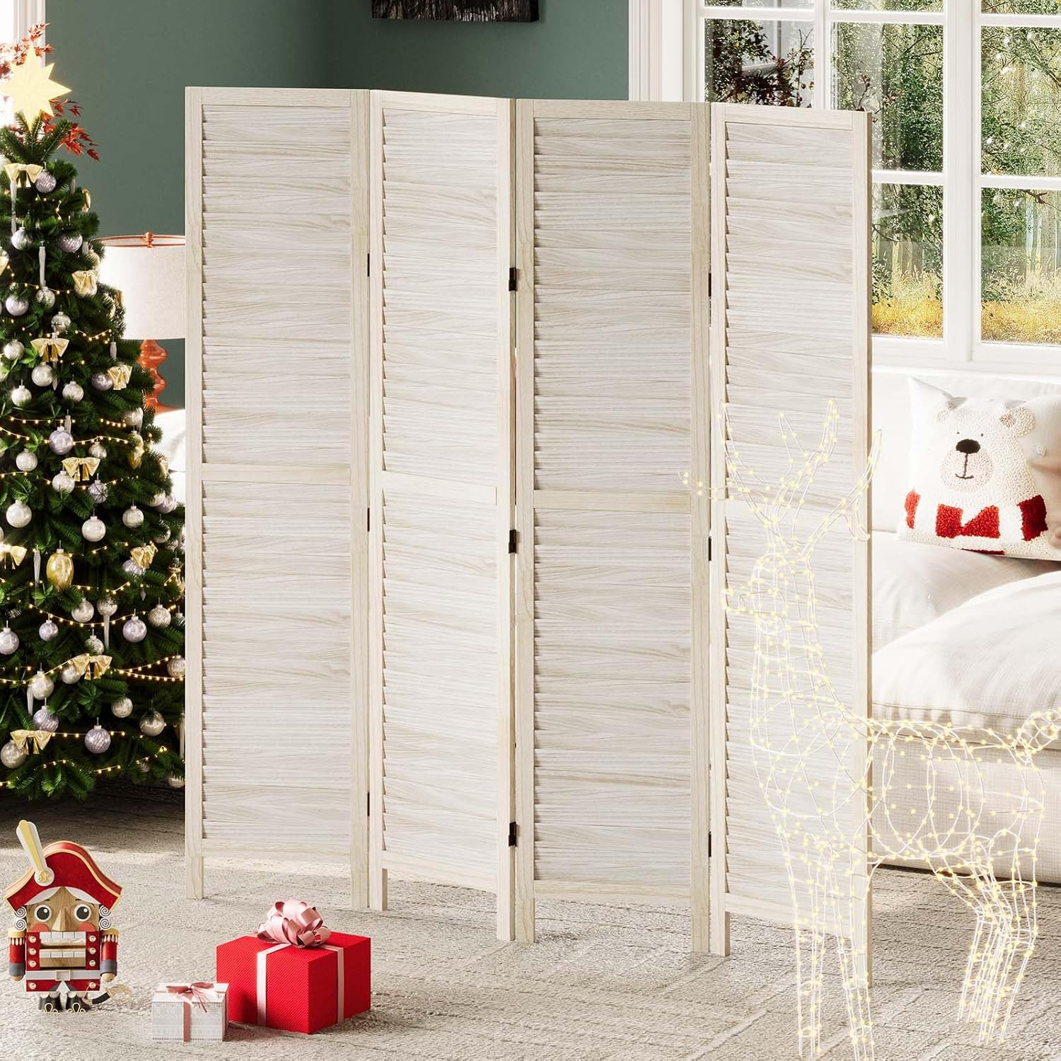 Room Dividers and Folding Privacy Screens, Wood Louvered Separators Divider Wall for Home Office Bedroom - 4 Panels, 67 * 60inch (White-Washed)