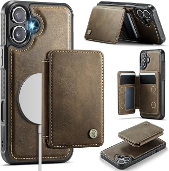 Compatible with Magsafe for iPhone 16 Wallet Case, Brown | Magnetic Card Holder, RFID Blocking, 2 in 1 Detachable, Kickstand, Shockproof Cover, for Women Men