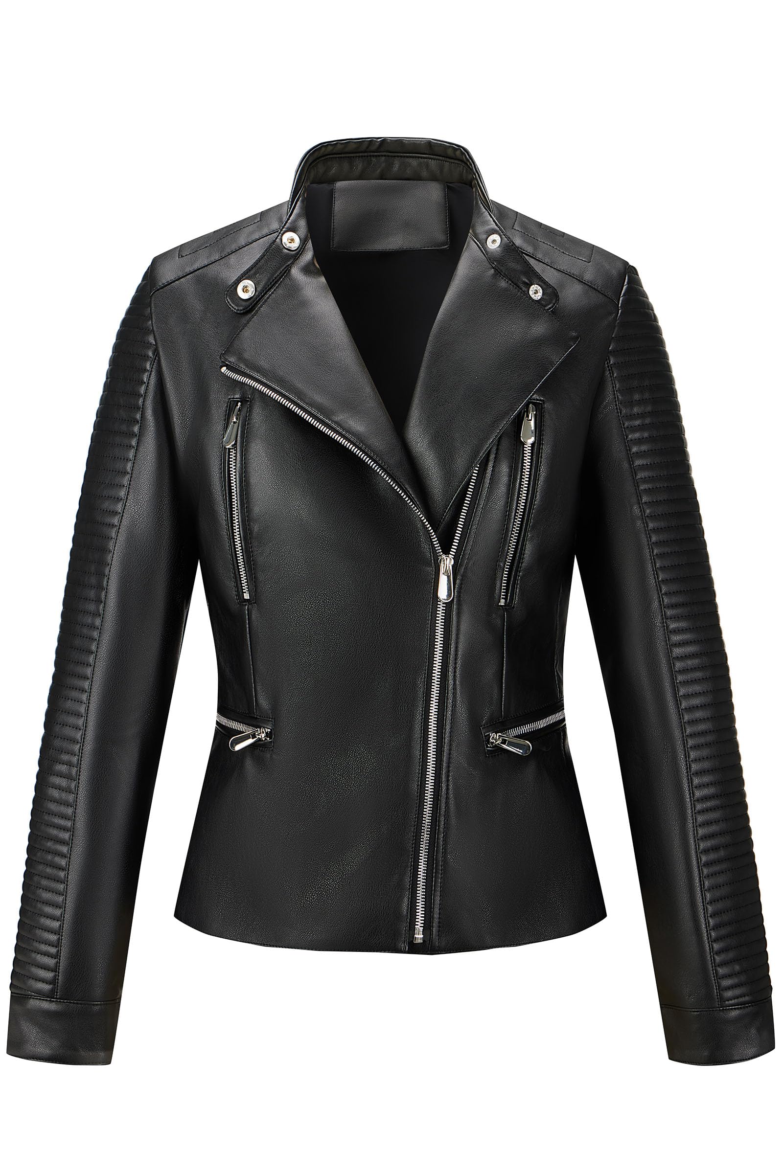 RISISSIDA Premium Women's Faux Leather Motorcycle Jacket,Quilted Sleeves,Multi-Zipper Design,Asymmetrical Biker Style