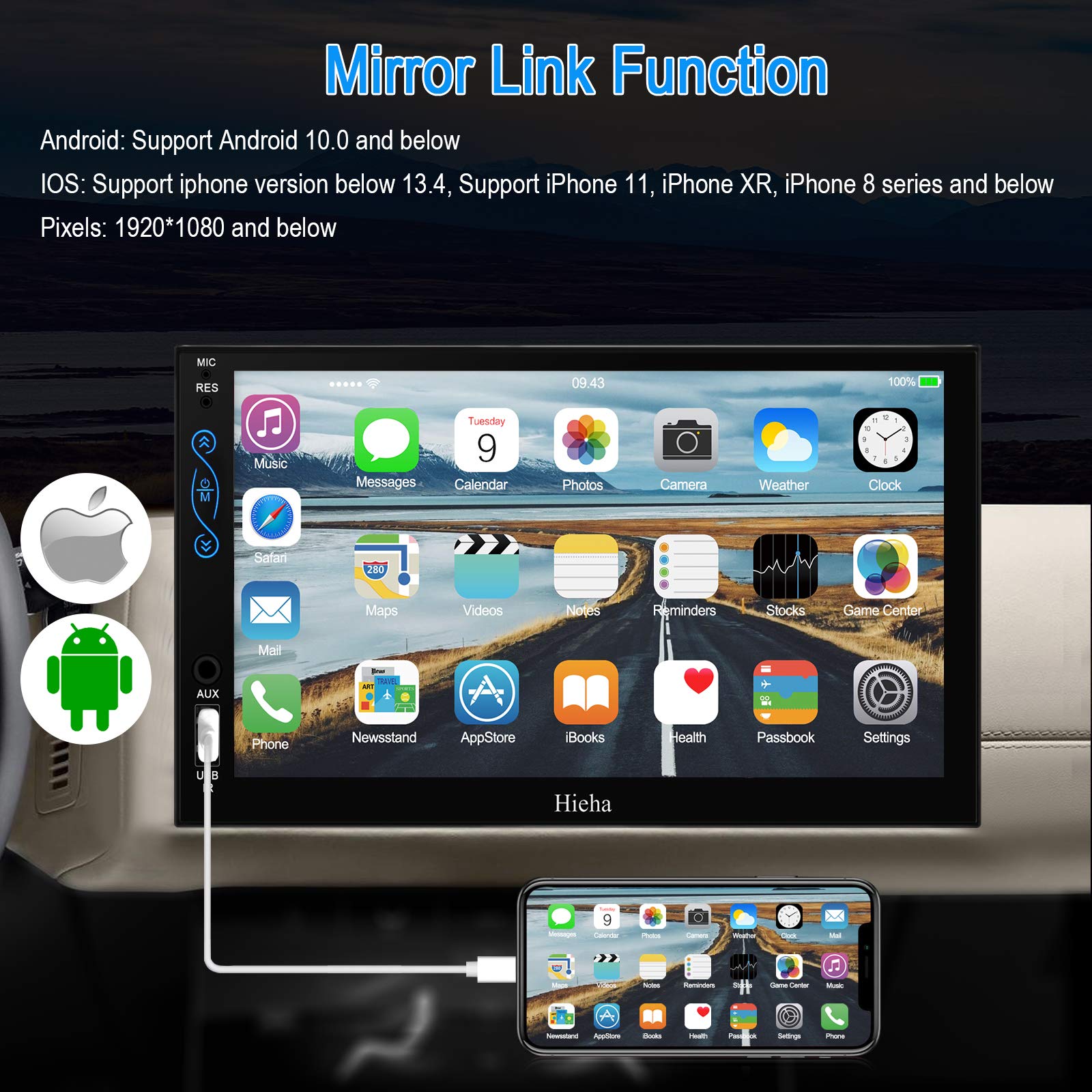 Hieha Car Stereo Compatible with Apple Carplay and Android Auto, 7 Inch