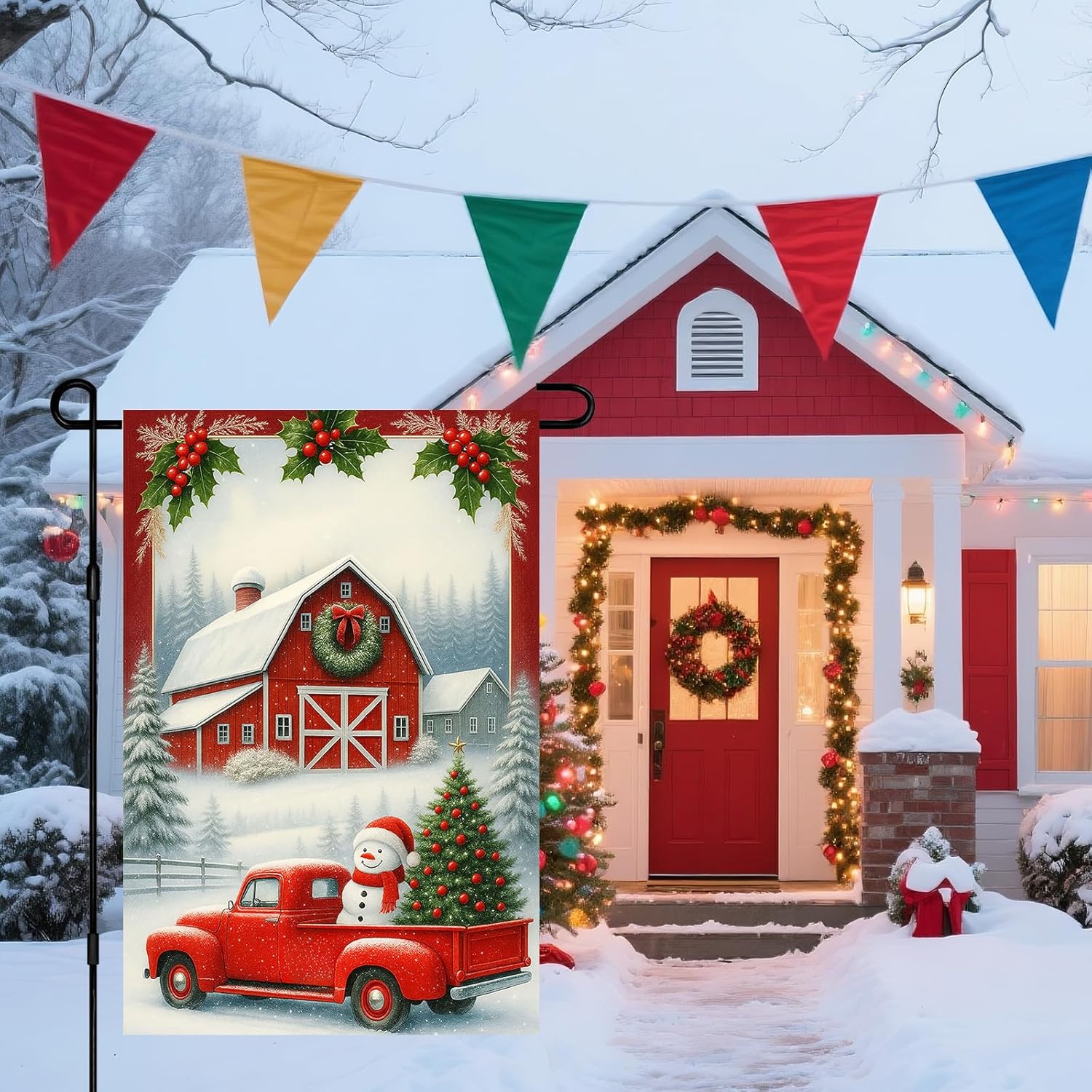 IVN Christmas Holiday Garden Flag Red Truck Flag 12x18 Inch Double Sided Snow Tree Barn Floral Circle Decorative Yard Outdoor Seasonal Rustic Decor - Image 7