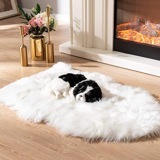 Asrug Soft Faux Fur Pet Bed Mat Plush and Fluffy Pet Pad Ultra Cozy Pet Throw Rug for Dogs Cats, Luxury Soft Faux Sheepskin Chair Cover Seat Pad Shag Fur Area Rugs for Bedroom, White, 24 by 36 inches