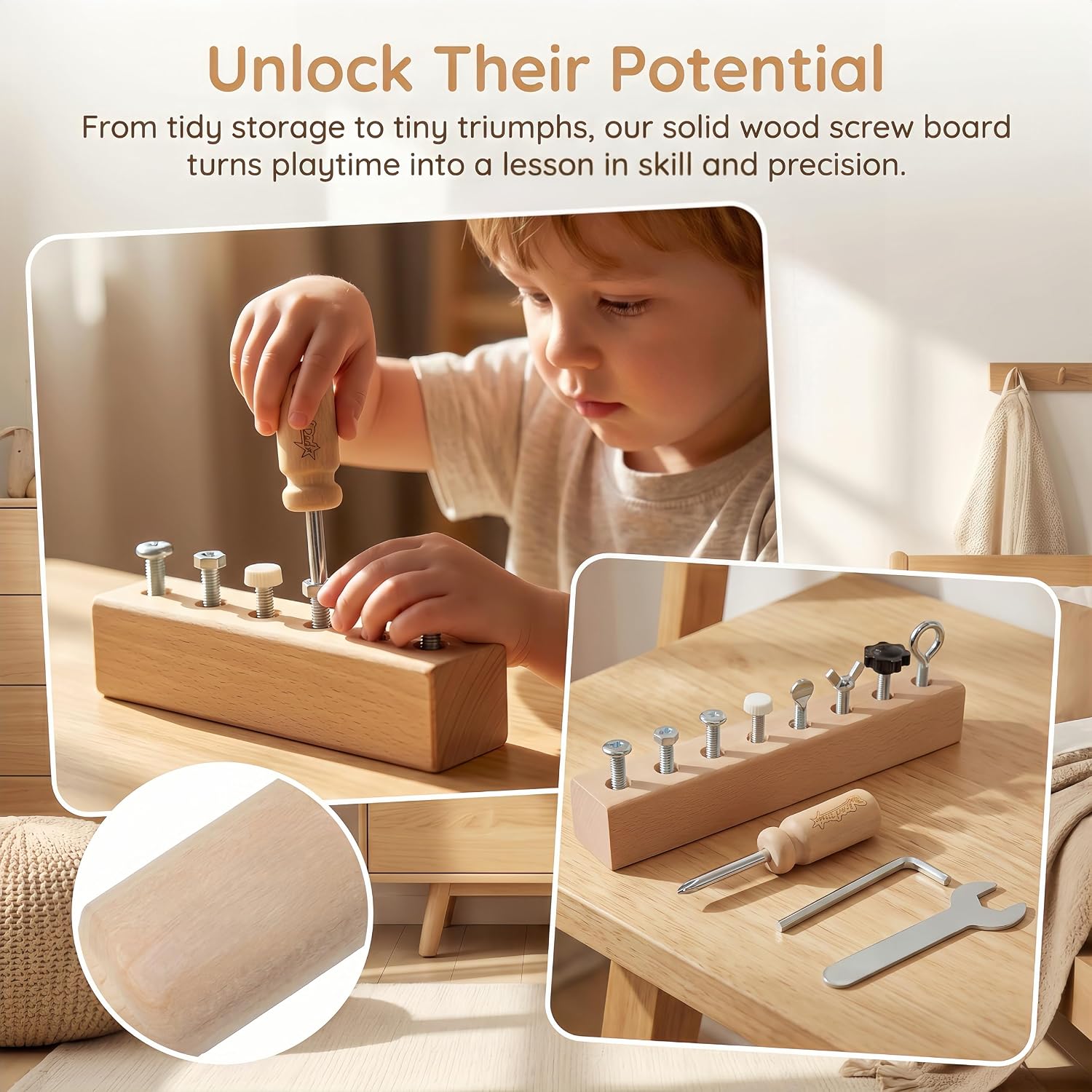 Mosstessori Wooden Nuts and Bolts Toy for Kids Ages 3-5 | Screwdriver Board Set, 8 Hole Screw Matching Set with Tools, Fine Motor Skills Educational Learning, STEM Toys Gift