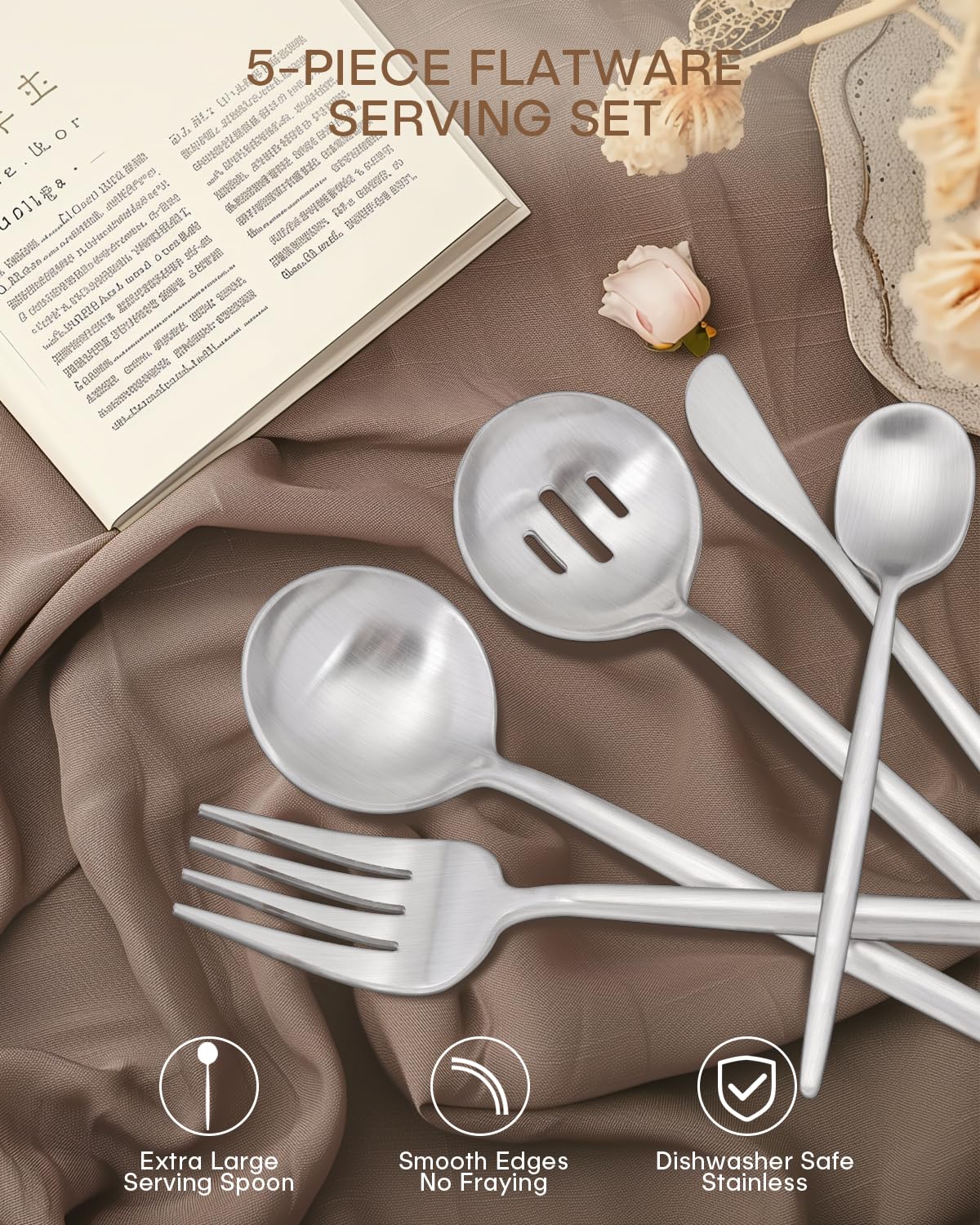 Juego de utensilios de servir de acero inoxidable, 5 piezas, aptos para lavavajillas, con cuchara de servir mate, cuchara ranurada, cuchara de sopa, cuchara de azúcar, cuchillo de mantequilla,