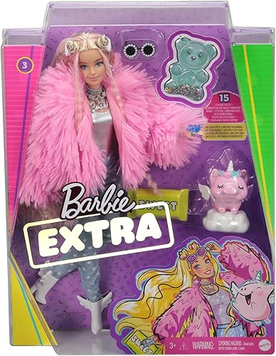 Vista 7 de Barbie Muñeca extra y accesorios con pelo rizado rubio con rayas rosadas en un abrigo rosa esponjoso con unicornio y cerdo para mascotas