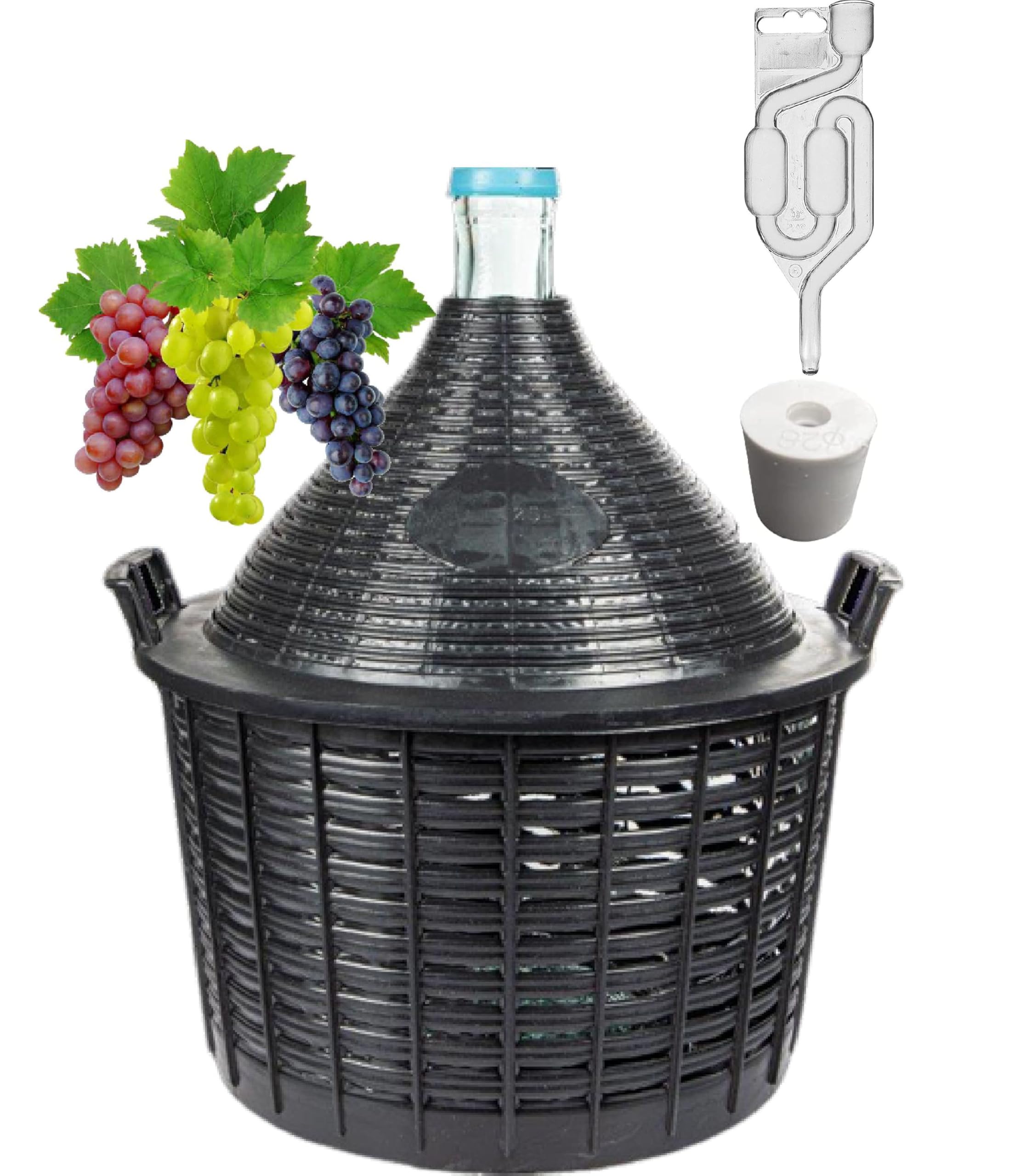 lilawelt24 20 L Glasgärballon+Gärröhrchen+Gummistopfen Weinballon mit Korb Glasballon Gärbehälter Glasflasche, Weinherstellung,Flasche Fermentation,Meische Wein Machen Gären (20L MIT ZUBEHÖR)