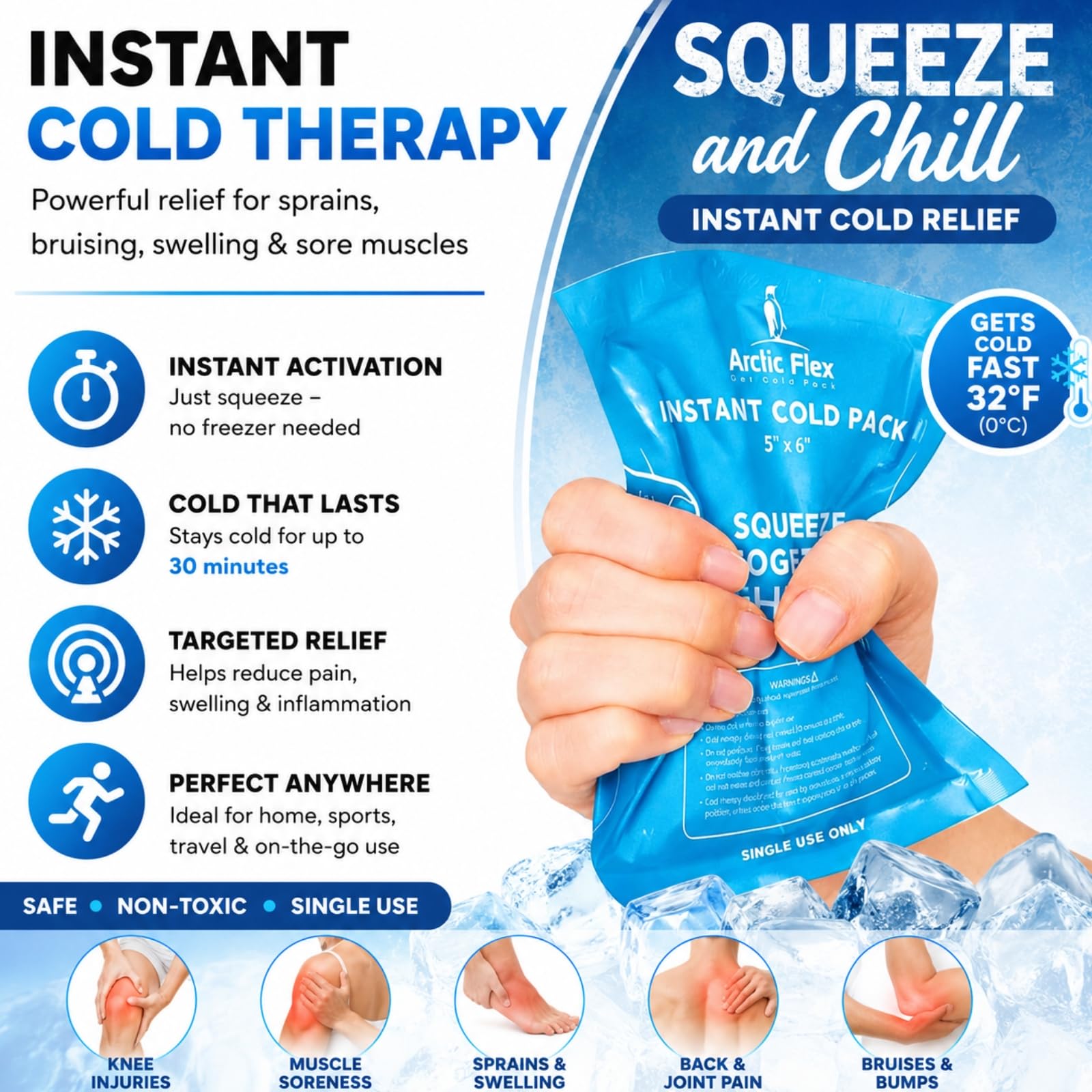 Arctic Flex - Juego de 24 compresas frías instantáneas - Hielo desechable para alivio del dolor, inflamación e hinchazón - Portátil para primeros auxilios y deporte
