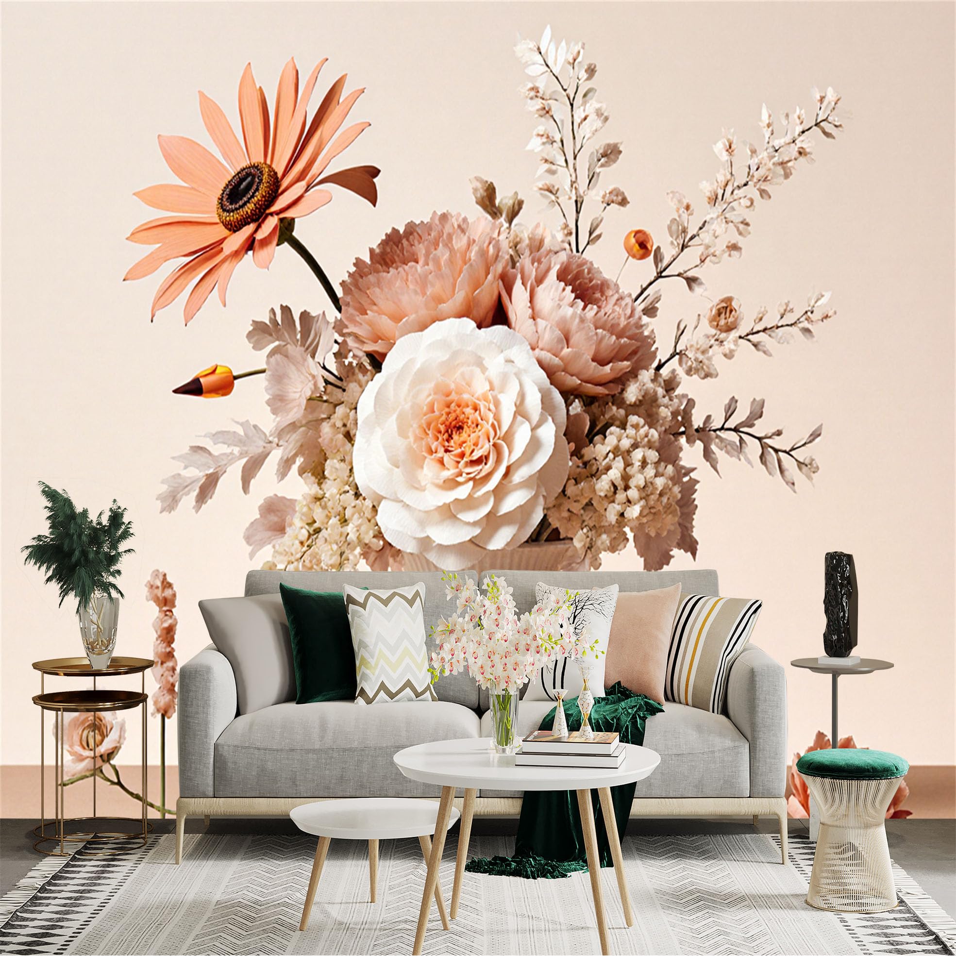 Custom Size Wall Sticker Mural， Elegant Flower Bouquet in White Vase， Soft Pastel Floral Art， Artistic Home Decor， for wall Decoration， peelandstick wall Decals.