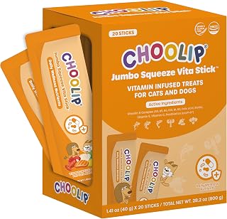 CHOOLIP Squeeze Vita Stick Lickable Cat Dog Treats 20-Pack 40g Fish Puree Multivitamins Postbiotics Gut Immune Hydration Support