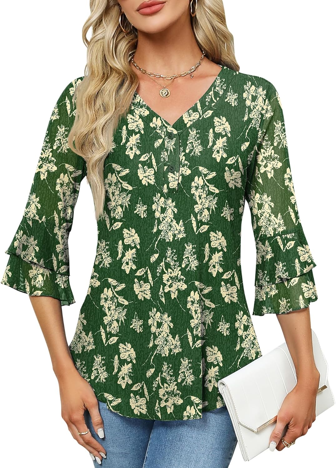 Rapbin Women Dressy Blouse 3/4 Sleeve Tiered Bell Sleeve Double Layers Mesh Shirt Trendy Flowy Tunic