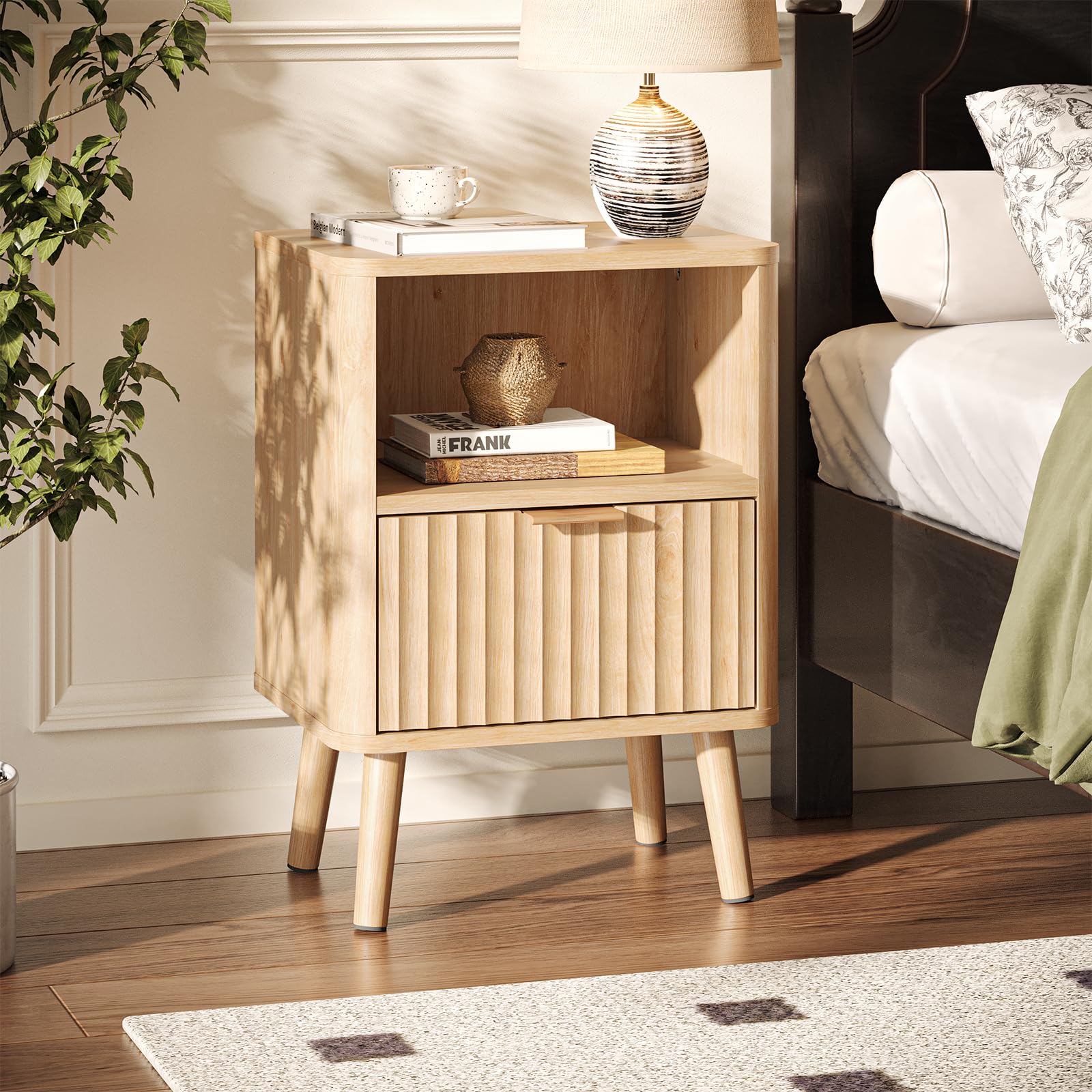 Bonnlo Oak Bedside Table with 1 Drawer and 1 Shelf, Fluted Nightstand — image 1