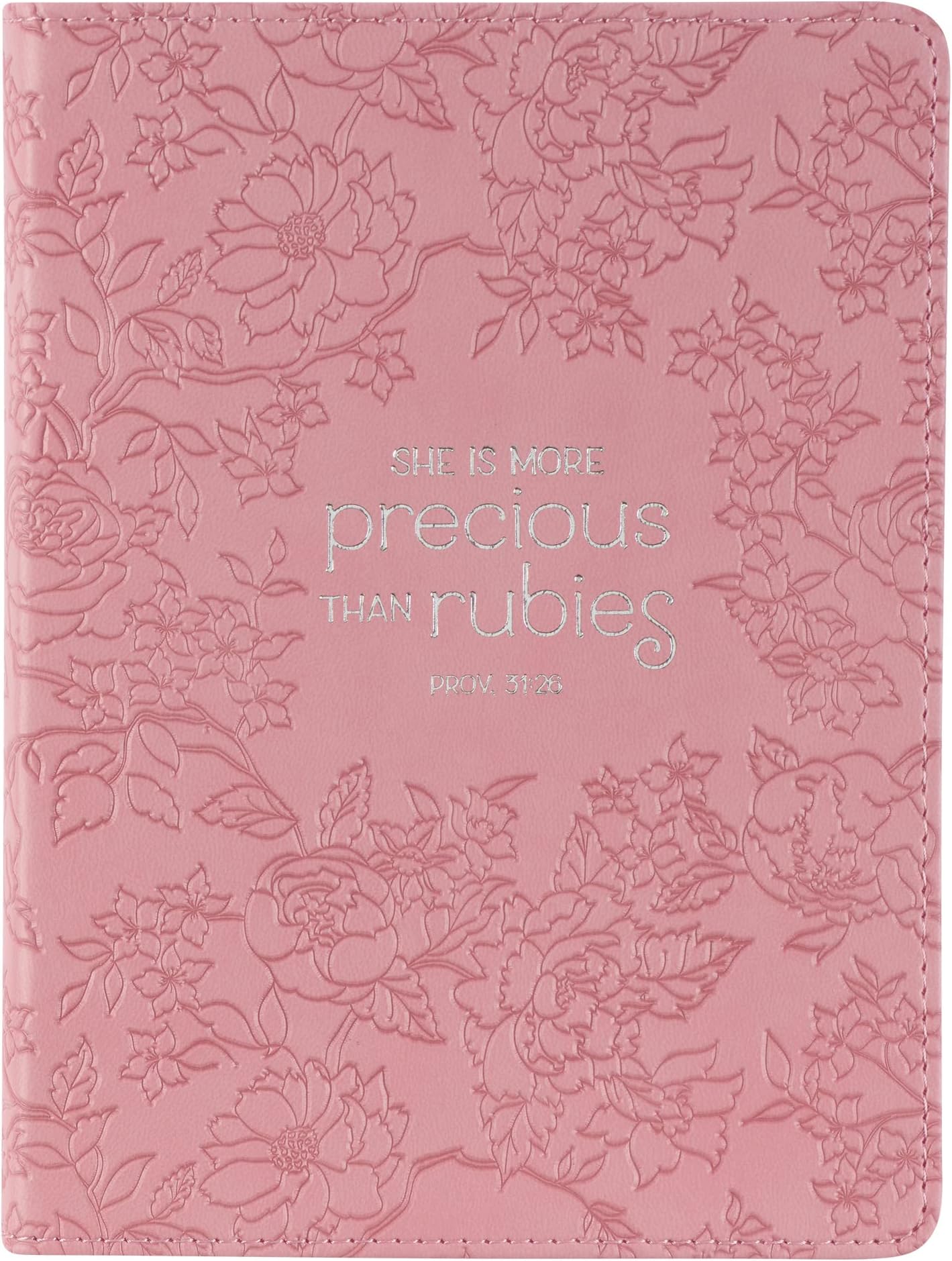 Christian Art Gifts Strawberry Pink Floral Vegan Leather Small Journal Inspirational Scripture Women's Notebook More Precious Than Rubies Bible Verse Proverbs 3:15, 240 Ruled Pages, Ribbon 5.7 X 7