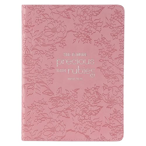 Christian Art Gifts Strawberry Pink Floral Vegan Leather Small Journal Inspirational Scripture Women's Notebook More Precious Than Rubies Bible Verse Proverbs 3:15, 240 Ruled Pages, Ribbon 5.7" x 7"