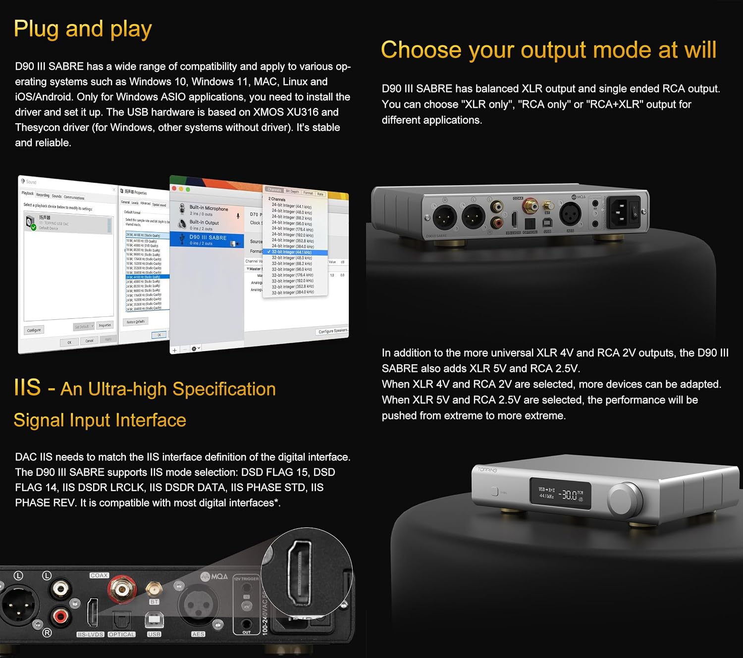 Topping D90 III Sabre MQA Full Balance HiFi DAC Bluetooth 5.1 ES9039SPROx2 DSD512 PCM32bit/768kHz USB/Coax/Opt/AES/IIS Desktop Audio Preamp (Black)