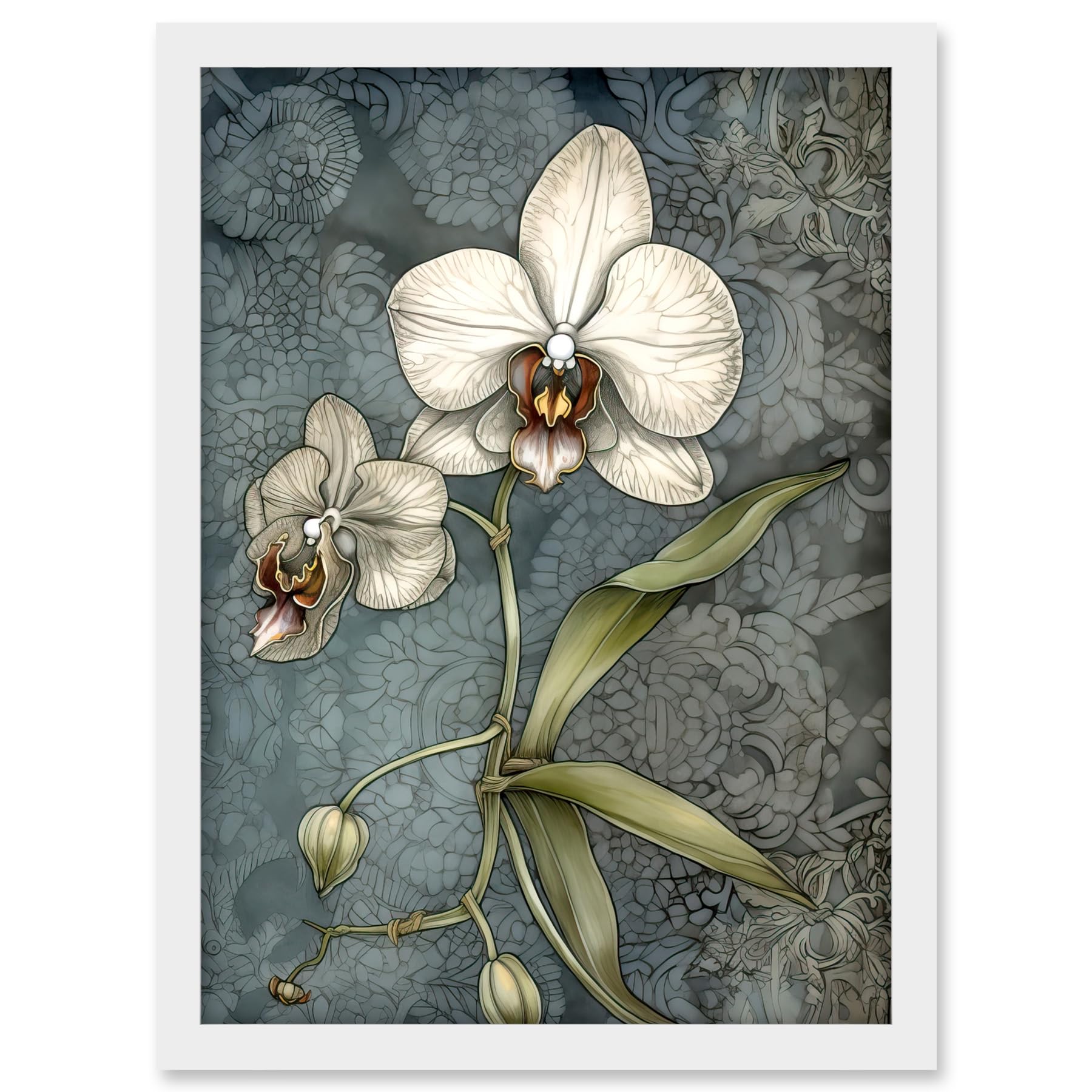 Artery8 Orchid Flower Blooms Pastel Colour Art Nouveau Artwork Framed A3 Wall Art Print