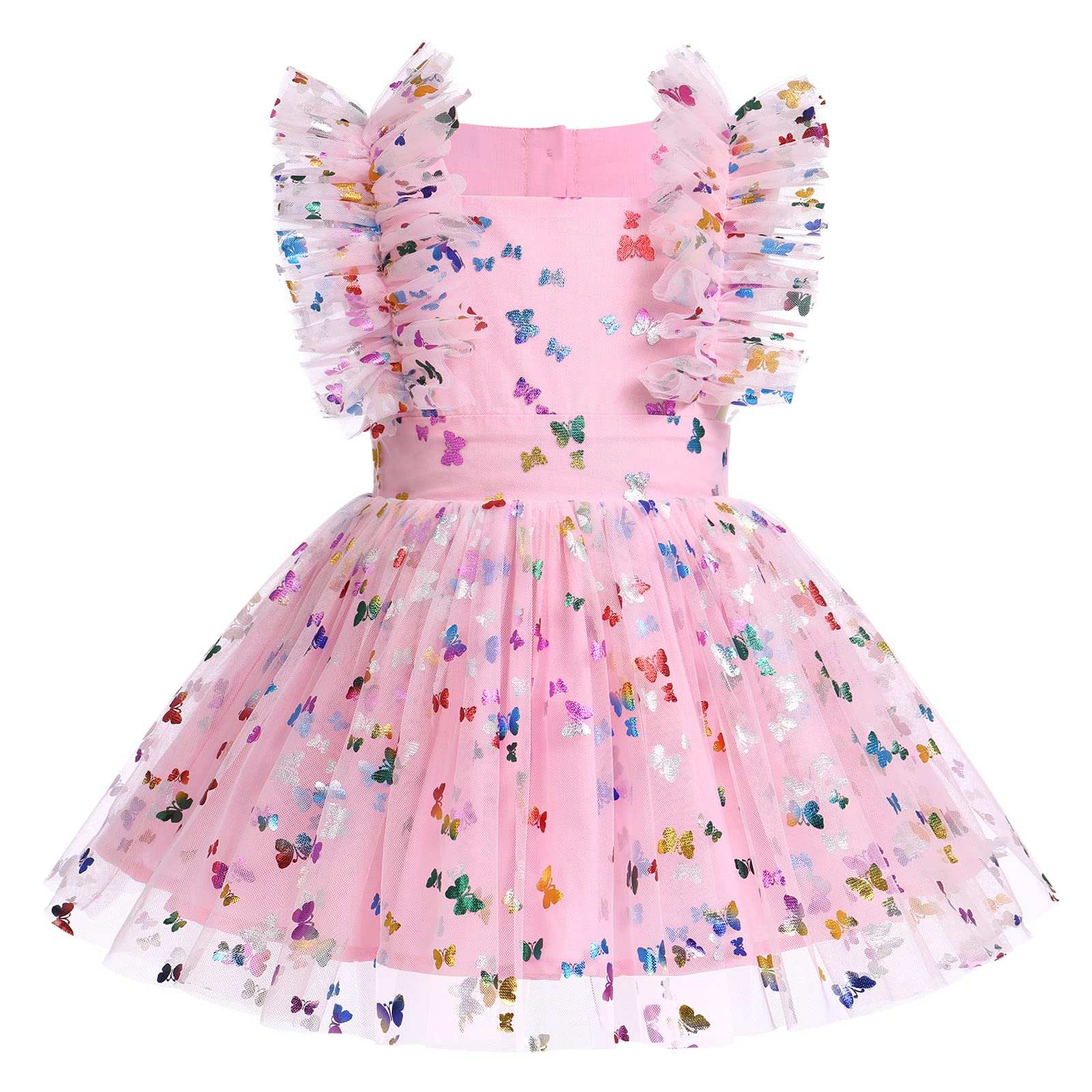 IMEKIS Robe d'anniversaire pour bébé fille - Motif floral - Manches nœud papillon - Grenouillère en tulle - Robe de princesse - Tutu - Papillon - Robe d'été - Mariage - Vacances, Papillon rose, 0-6