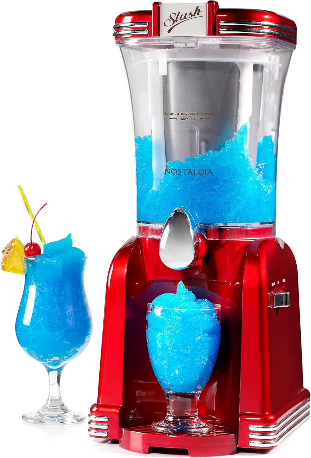 Nostalgia RSM650 Slush Drink Maker with blue slush in glasses