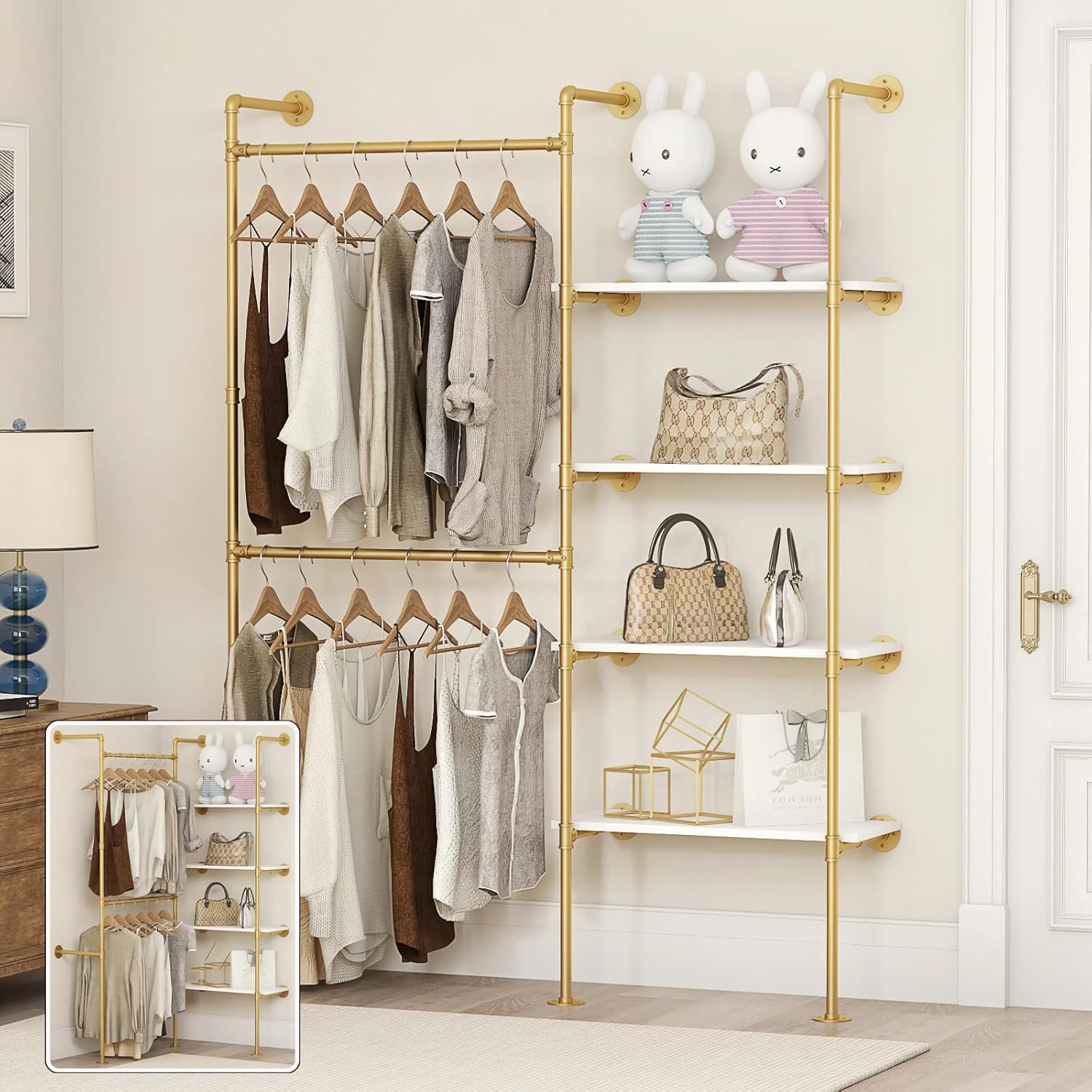 DABILONGC Industrial Pipe Clothing Rack, Heavy Duty Adjustable Garment Hanger with Shelves, 2 Installation Methods Closet Storage System for Wardrobe Organization (Gold, 80″ H x 55″ W)