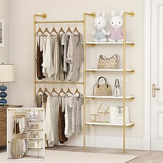 Industrial Pipe Clothing Rack, Heavy Duty Adjustable Garment Hanger with Shelves, 2 Installation Methods Closet Storage System for Wardrobe Organization (Gold, 80" H x 55" W)