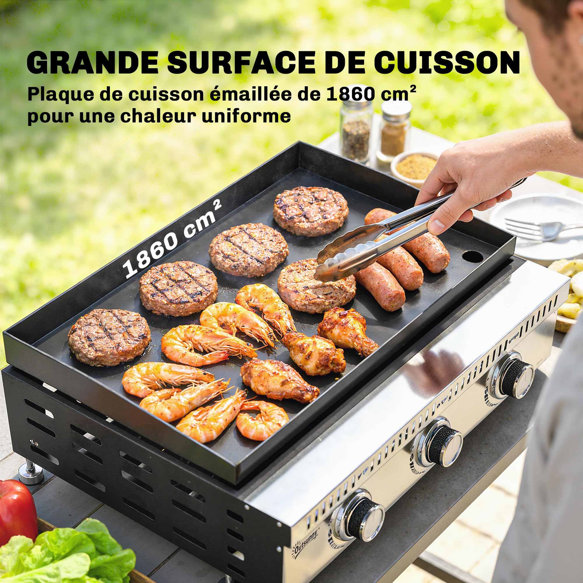 Outsunny Plancha gaz 9 kW 3 brûleurs en acier inoxydable, surface cuisson 56,5 x 33 cm avec bac de récupération des graisses, propane/butane/GPL, portable pour camping, pique-nique et terrasse, noir