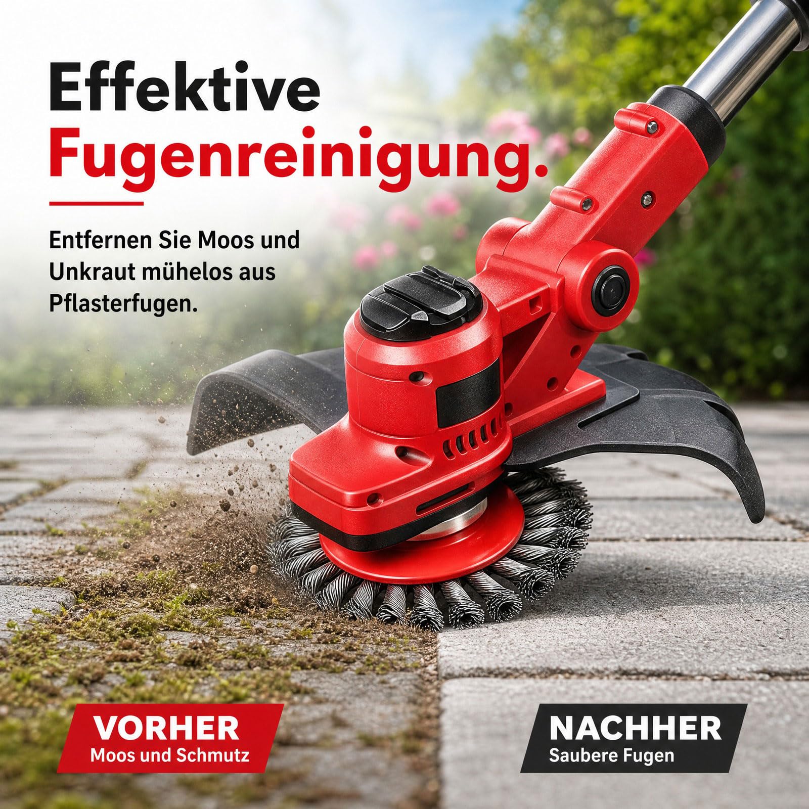 Rasentrimmer mit Akku, Akku Rasentrimmer 21V mit Unkrautbürste, 2X4.0Ah Akku Freischneider, Tap&Go M10, für Garden Trimmen (Rot)