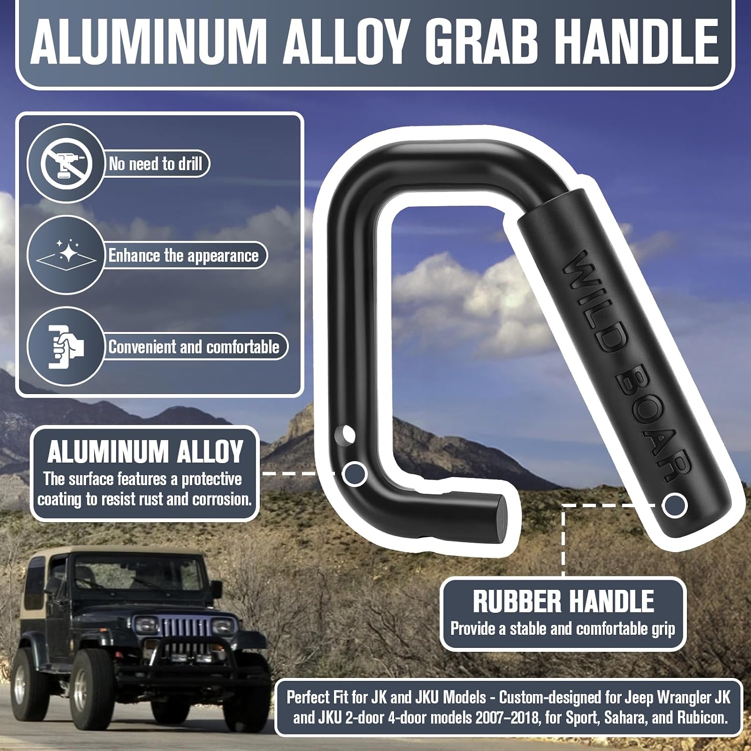 Front Grab Bar Grab Handles, Front Grab Handle Kit Black Textured Compatible with Jeep Wrangler JK JKU Car 2007-2018, Aluminum Alloy