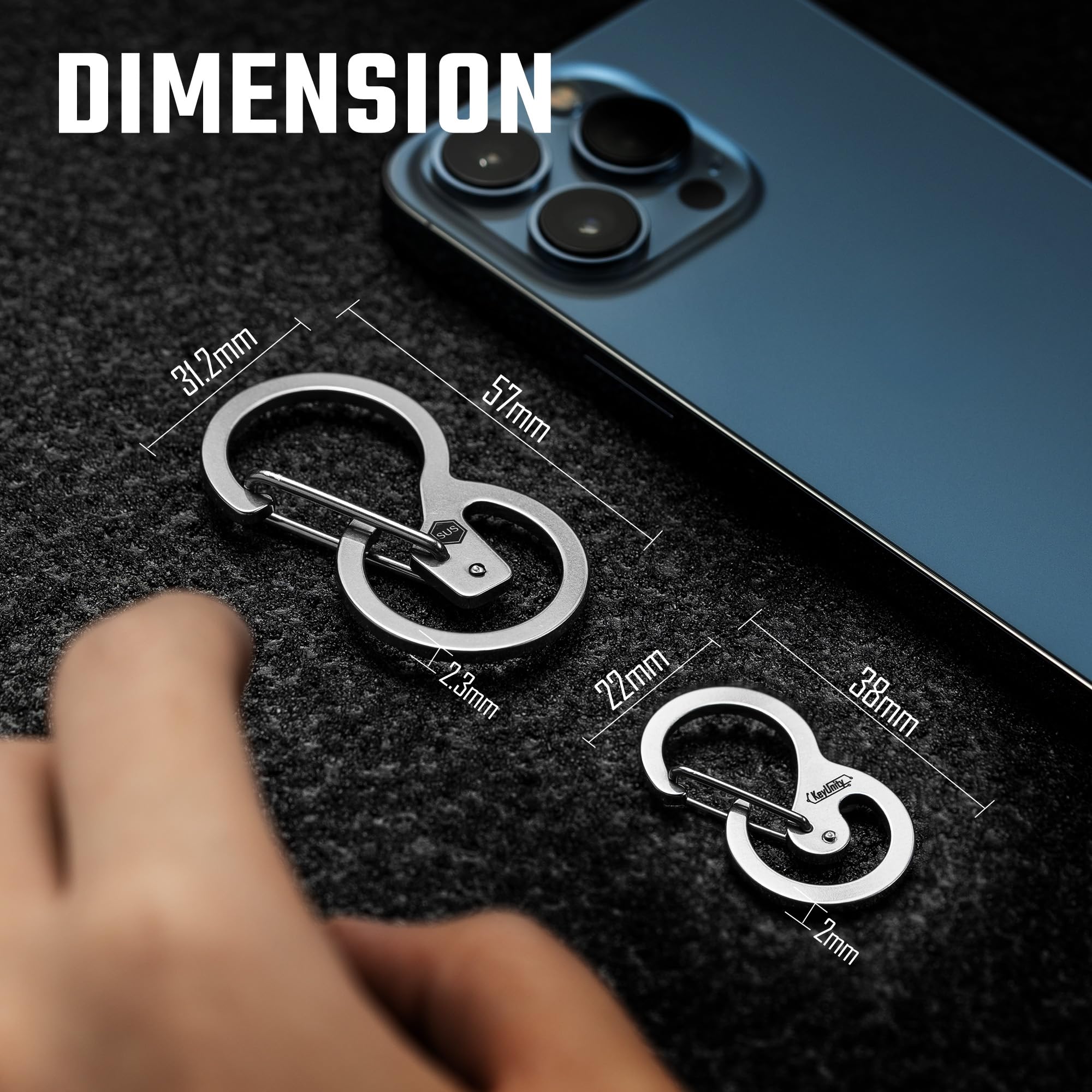 KeyUnity KS in acciaio inossidabile, clip a moschettone a sgancio rapido per chiavi, torcia, coltello pieghevole e fischietti