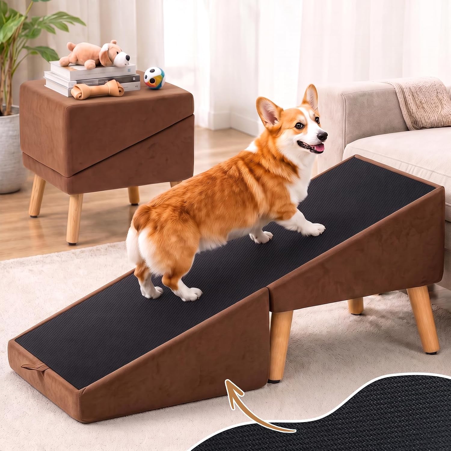 Ottoman Dog Ramp for Couch, 2-in-1 Foldable Dog Stairs for Small Dogs Brown