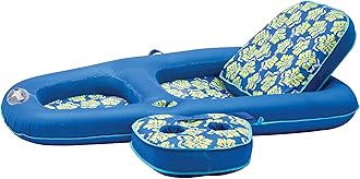 Aqua LEISURE Campania Ultimate 2 in 1 Recliner & Tanner Pool Lounger with Adjustable Backrest and Caddy, Inflatable Pool Float, Royal/Lime Hibiscus (AZL14856Z)