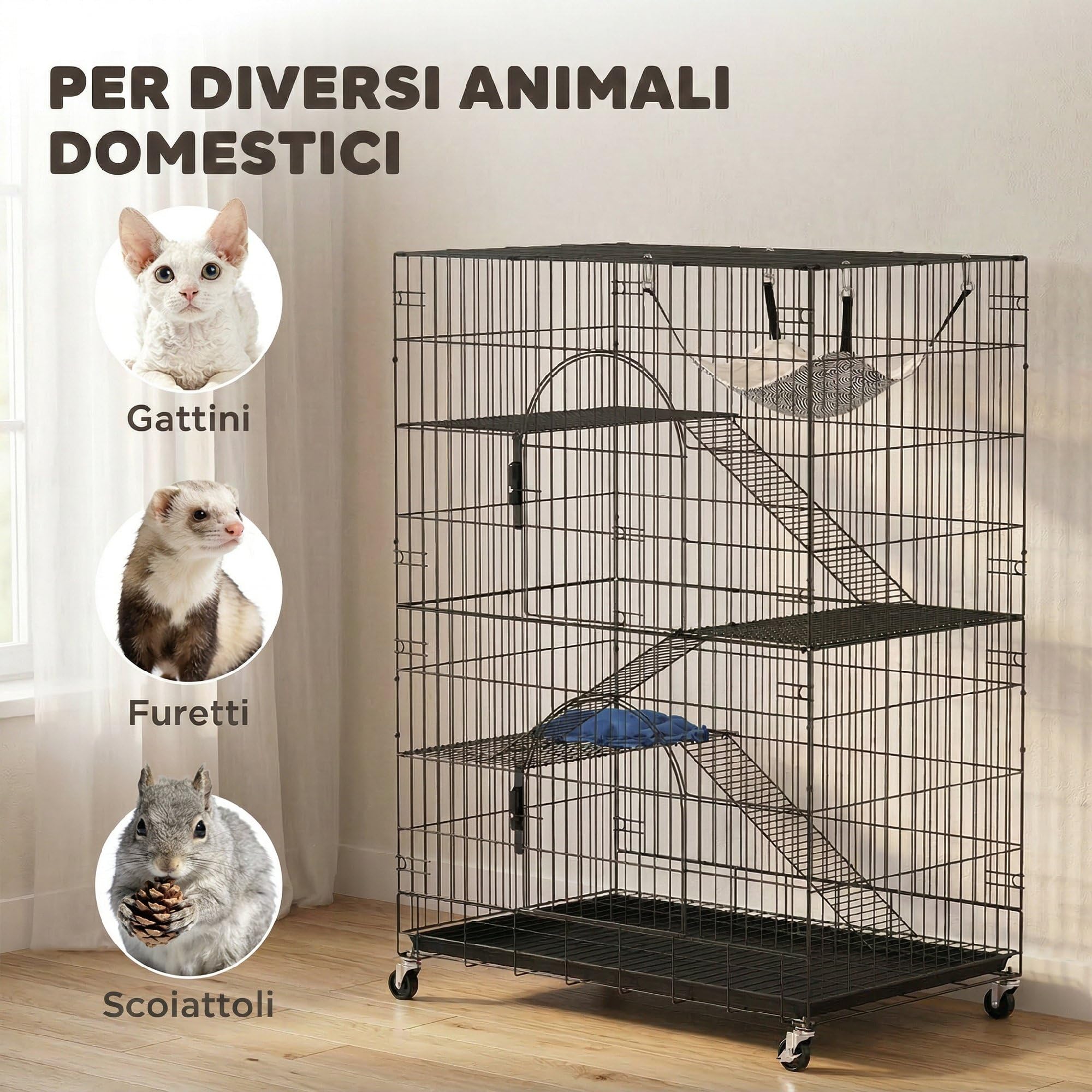 PawHut Gabbia per Gatti Grande 4 Livelli con Ruote, Recinto per Gatti da Esterno ed Interno in Metallo, Vassoio Estraibile, Amaca, Letto, Rampe, Piattaforme, per 1-2 Gatti, Scoiattoli Cincillà, Nero