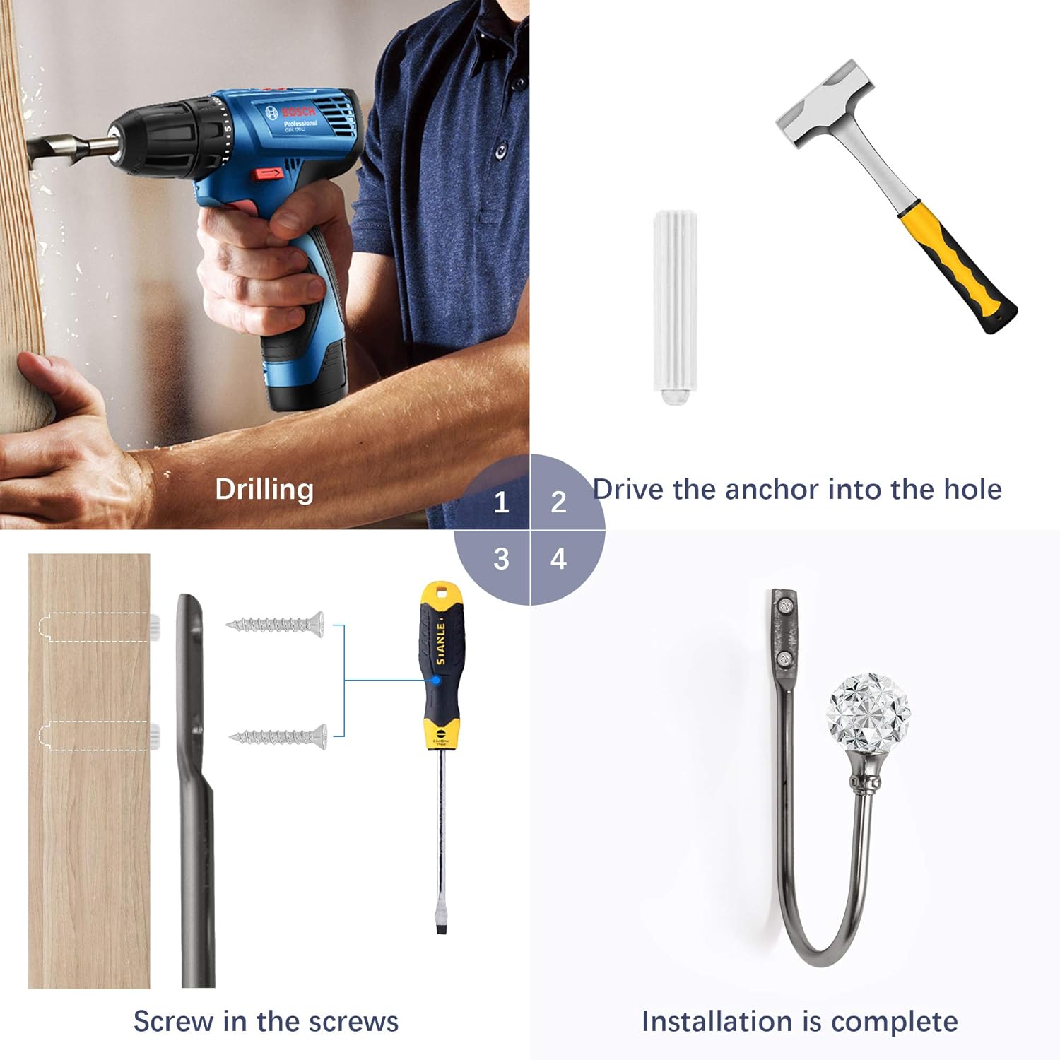 Curtain Holdback, 4Pcs Wall Mounted Drapery Tiebacks with Clear Crystal Ball, Heavy Duty Metal Decorative Window Drapery Curtain Holder Curtain Hooks with Screws, Sliver