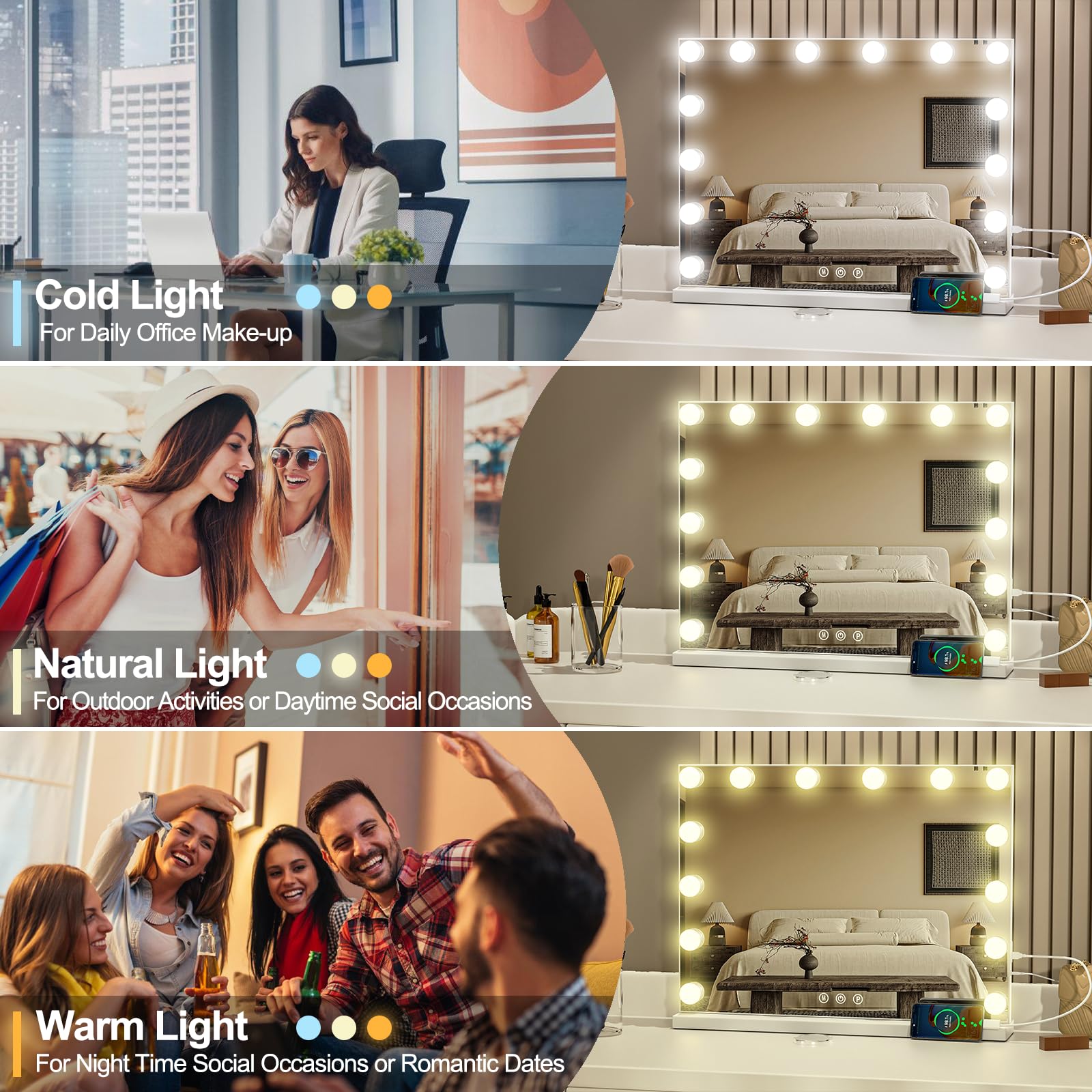 Hollywood Specchio Trucco con Luci, 50x40cm Specchio LED con 14 Lampadine Dimmerabili, 3 Modalità, USB e Ingrandimento 10x, Controllo Tattile, Tavolo o Supporto da Parete per Camera da Letto