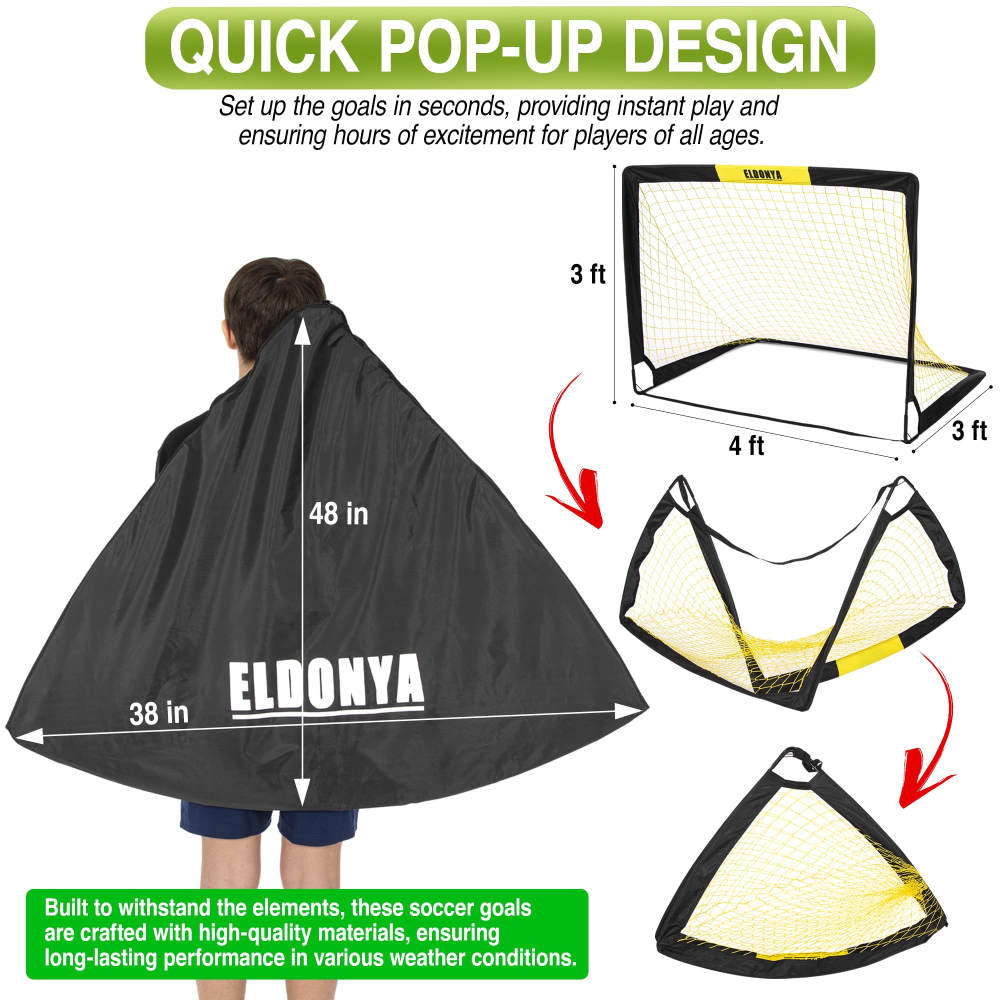 ELDONYA 2-Pack Durable 4'x3' Portable Kids Soccer Goals – Easy Setup, Waterproof Pop-Up Design for Backyard, Indoor & Outdoor Play – Youth Training Set with Carrying Case