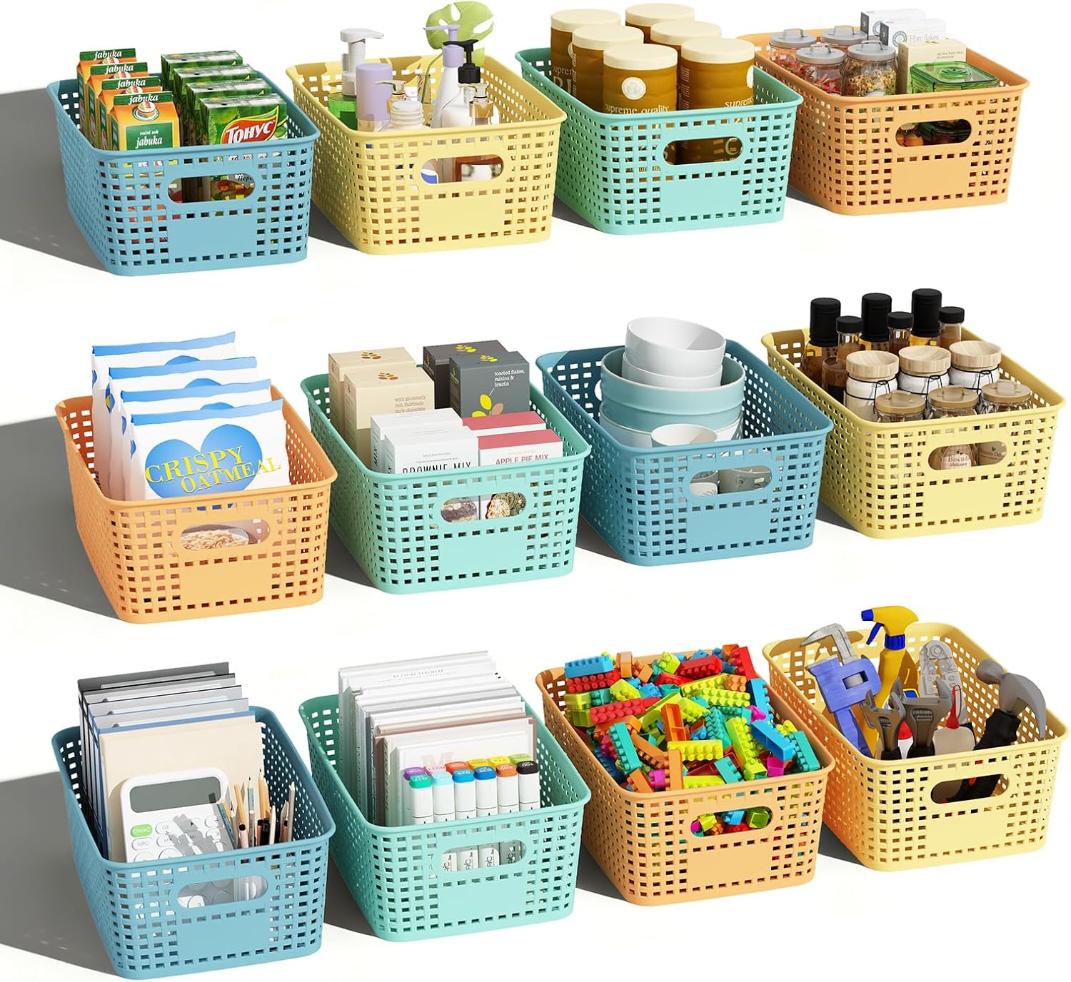 Plastic Storage Basket for Organizing 12 Pack Small Colored Storage Bins Container for Shelves, Colorful Shelf Baskets with Handles for Organization