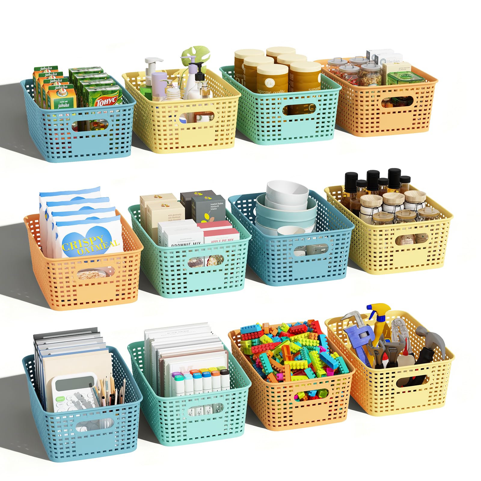 Plastic Storage Basket for Organizing 12 Pack Small Colored Storage Bins Container for Shelves, Colorful Shelf Baskets with Handles for Organization