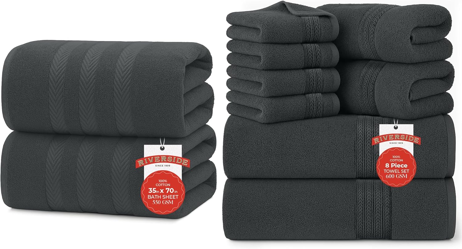 RIVERSIDE 10 Pc Towel Bundle – Includes 2 Bath Sheets (35x70”) + 8 Pc Towel Set [2 Bath Towels (27x54”), 2 Hand Towels (16x28”), 4 Washcloths (12x12”)] – 100% Cotton, Soft, Absorbent & Durable