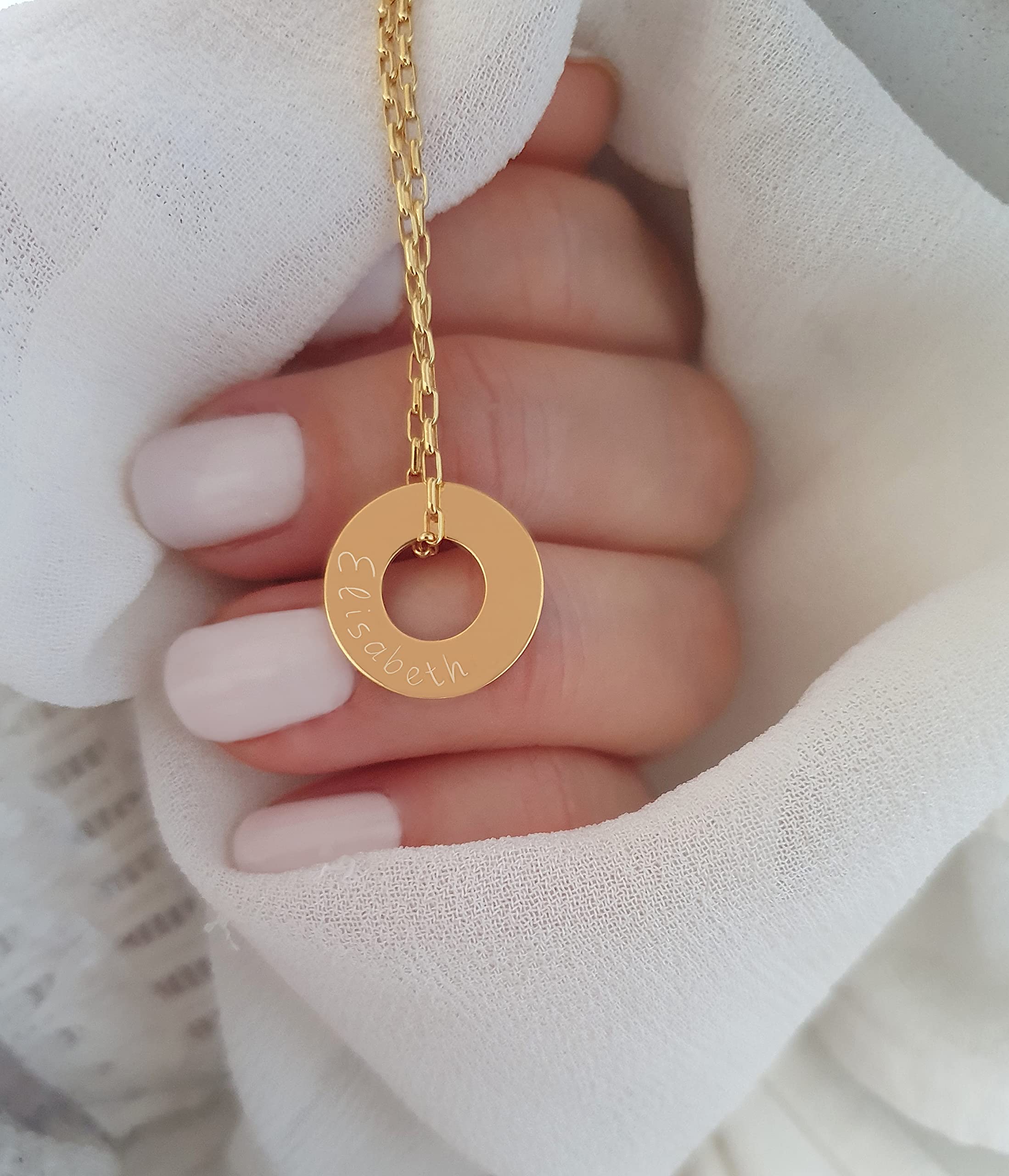 Namenskette Gravierbare Halskette mit rundem Anhänger 925 Silber vergoldet