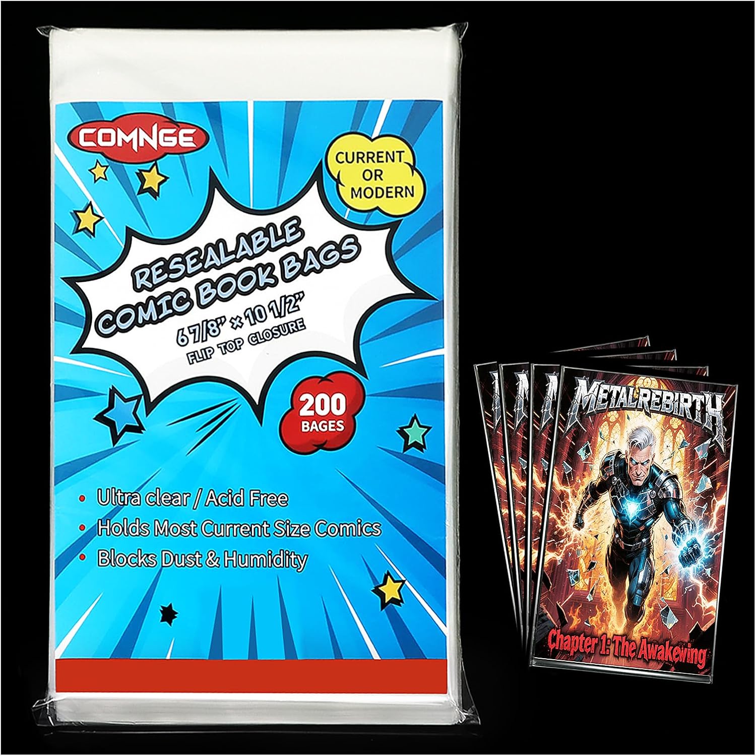 200ct Resealable Current Comic Book Bags - Acid-Free & Crystal Clear Comic Book Sleeves 6-7/8" x 10-1/2", Protect, Storage and Display Standard-Sized Modern Comics Collections