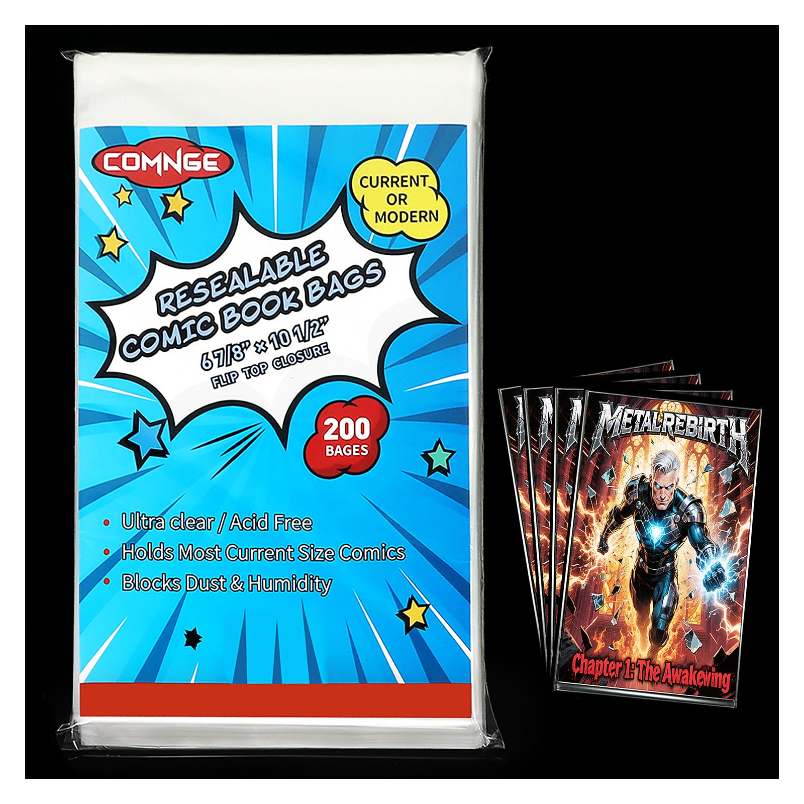 200ct Resealable Current Comic Bags - Acid-Free & Crystal Clear Comic Sleeves 6-7/8" x 10-1/2", Protect, Storage and Display Standard-Sized Modern Comics Collections