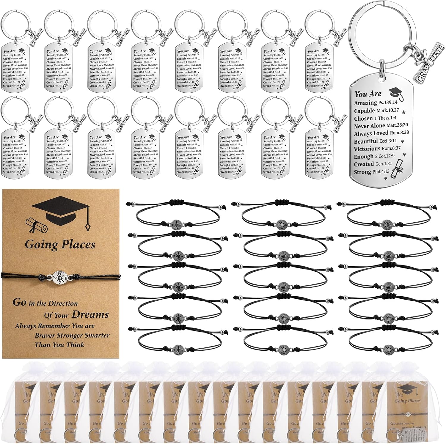 48 Pcs 2026 Graduation Gifts Bulk Set with Bracelets, Keychains and Quote Cards, Class of 2026 Inspirational Gifts for Students, Senior Night and Graduation Party Favors