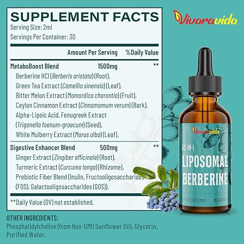 Miniatura 8 de Suplemento de berberina HCl de 3000 mg - Líquido liposomal de berberina HCl - Activador AMPK con cúrcuma, canela de Ceilán, 12 ingredientes