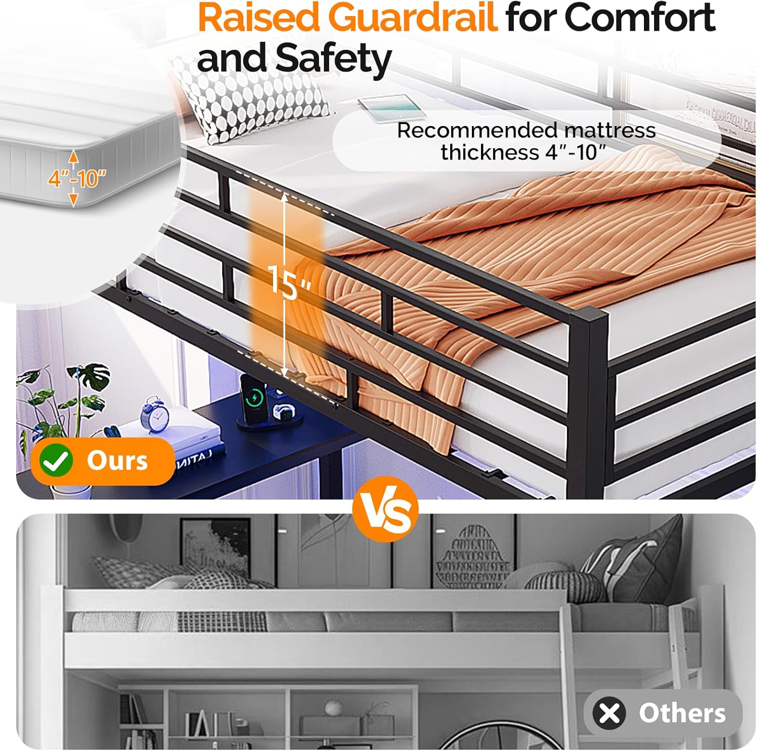 VINGLI Twin Loft Bed with Desk,15‘’ Extra High Safety Guardrail with 2 Charging Station,Heavy Duty Metal Loft Bed Frame with Staircase,LED Light, Kids/Teens/Adults,Black