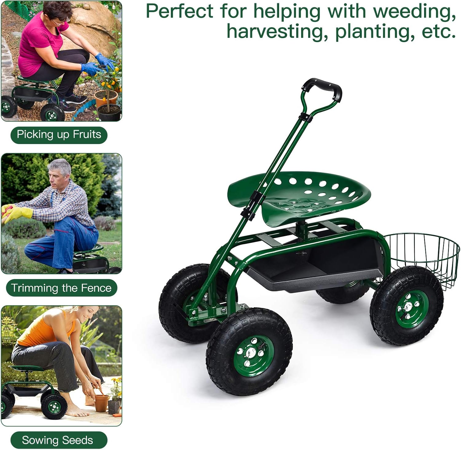 Rolling Garden Cart with Seat, Heavy Duty Gardening Scooter w/Wheels, Storage & Extendable Steering Handle, Garden Work Seat for Planting, Green